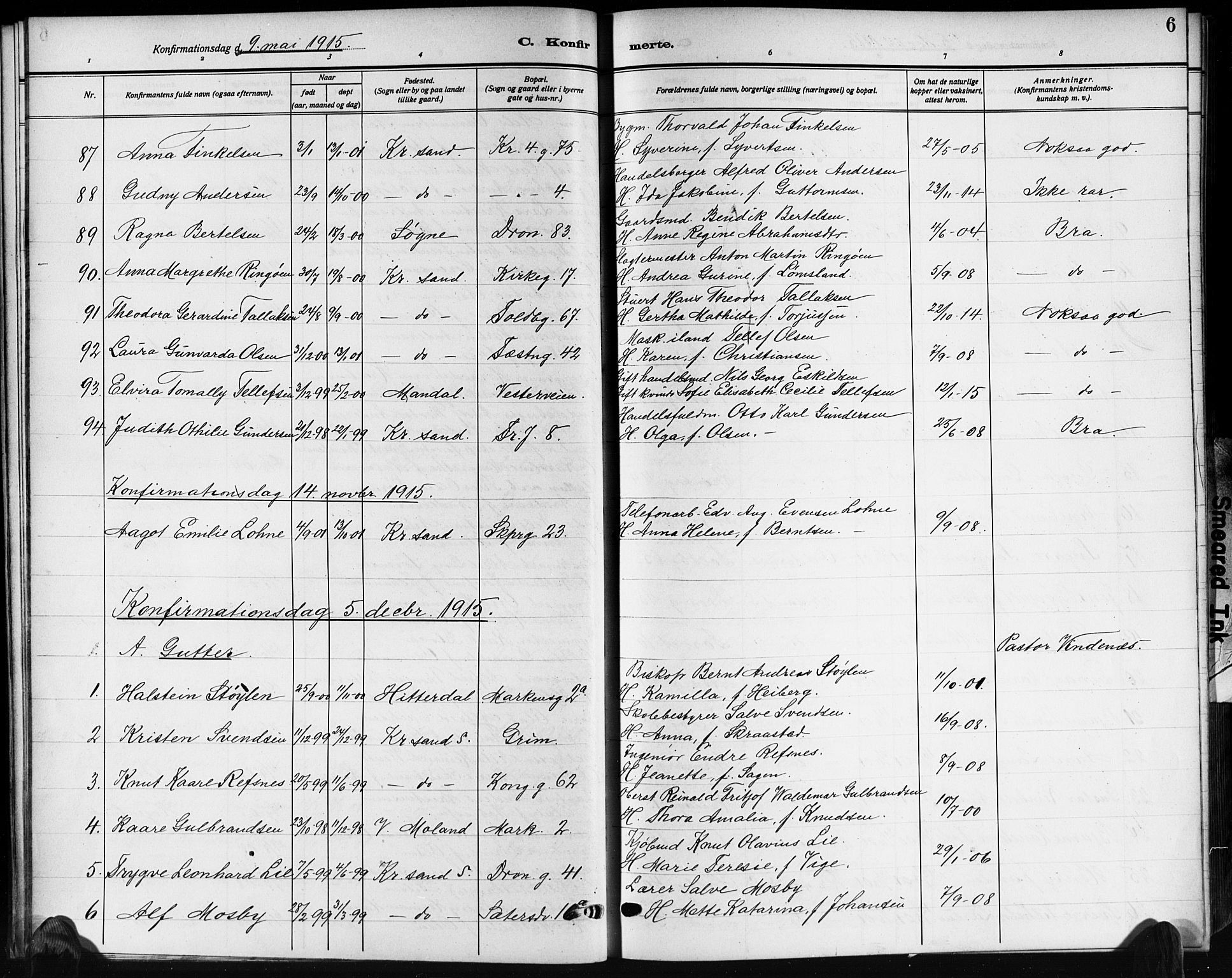 Kristiansand domprosti, AV/SAK-1112-0006/F/Fb/L0022: Parish register (copy) no. B 22, 1915-1925, p. 6