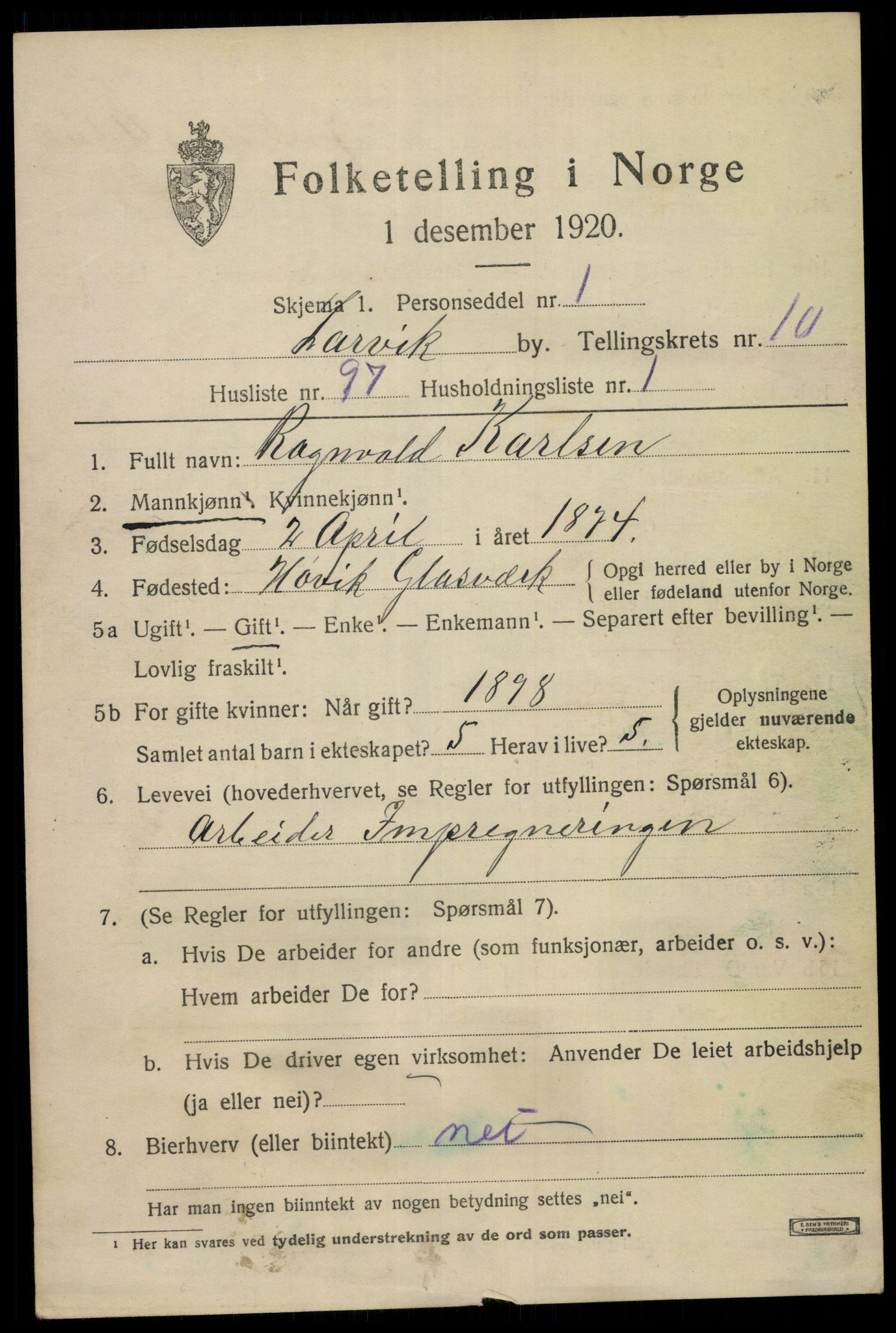 SAKO, 1920 census for Larvik, 1920, p. 28306