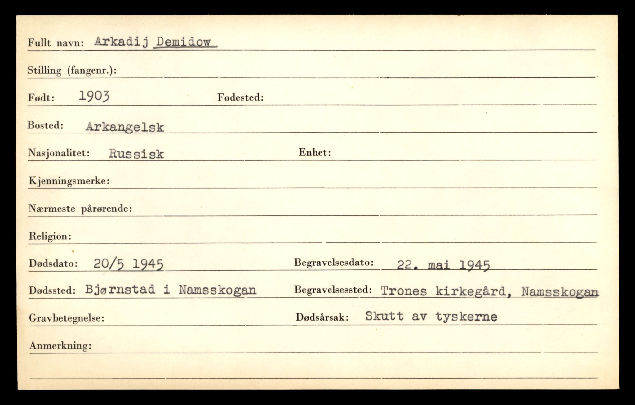 Distriktskontoret for krigsgraver, SAT/A-5030/E/L0005: Kasett/kartotek over falne Britiske og tyske solater, samt andre nasjoners krigsgraver, 1945, p. 645