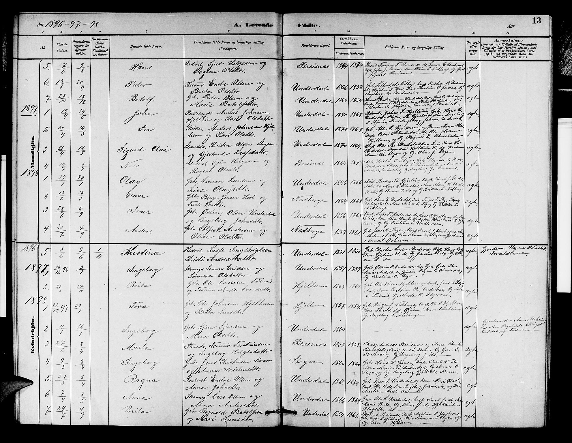 Aurland sokneprestembete, SAB/A-99937/H/Hb/Hbd/L0002: Parish register (copy) no. D 2, 1883-1920, p. 13