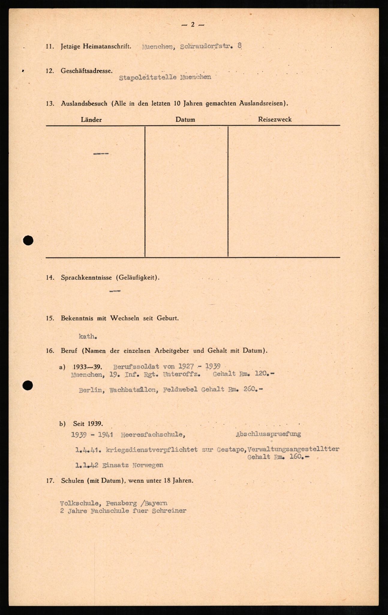Forsvaret, Forsvarets overkommando II, RA/RAFA-3915/D/Db/L0007: CI Questionaires. Tyske okkupasjonsstyrker i Norge. Tyskere., 1945-1946, p. 13
