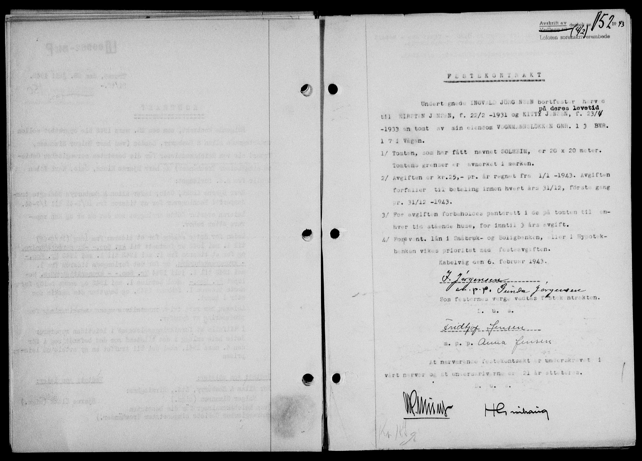 Lofoten sorenskriveri, SAT/A-0017/1/2/2C/L0010a: Mortgage book no. 10a, 1942-1943, Diary no: : 152/1943
