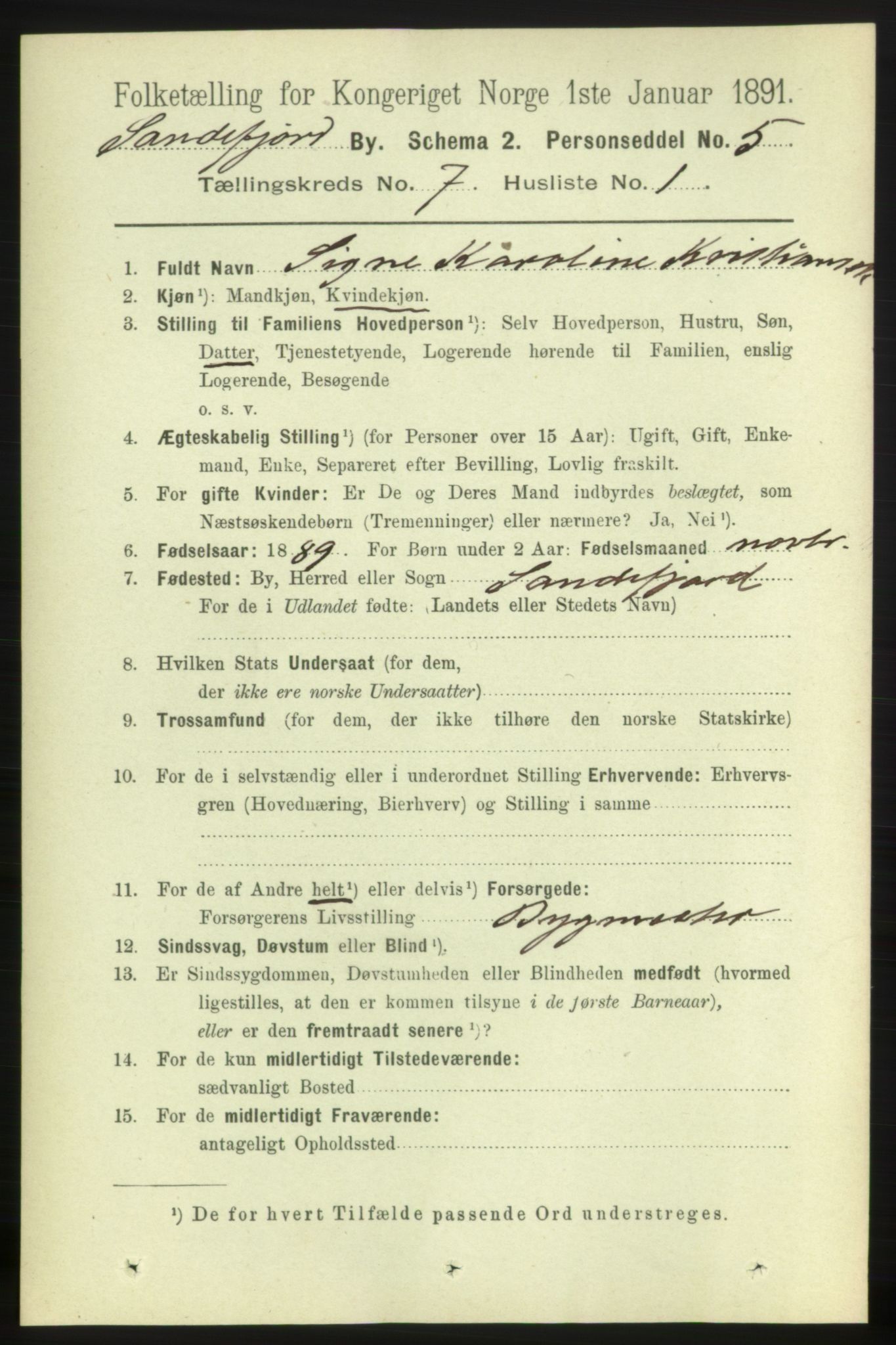 RA, 1891 census for 0706 Sandefjord, 1891, p. 2888