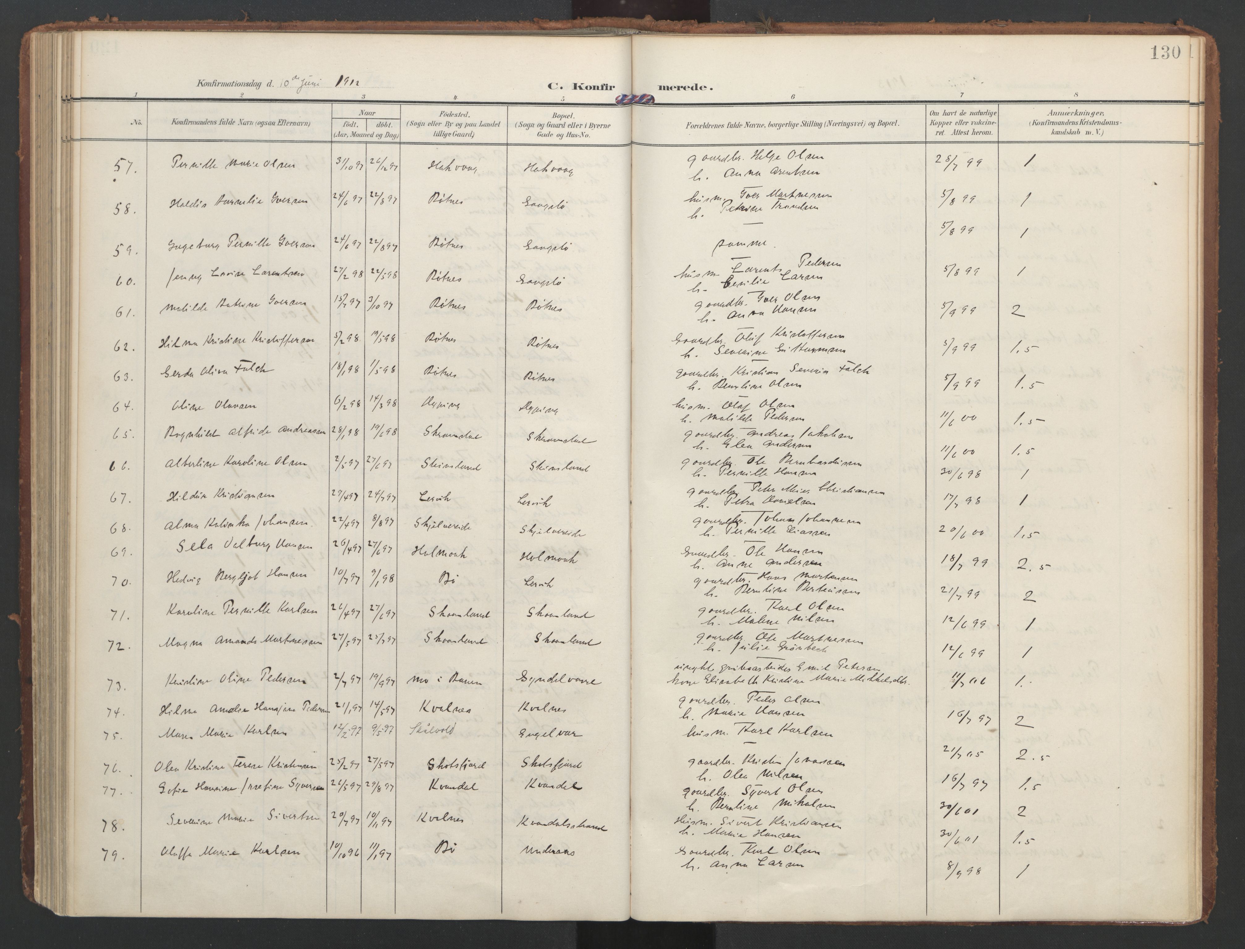 Ministerialprotokoller, klokkerbøker og fødselsregistre - Nordland, SAT/A-1459/855/L0805: Parish register (official) no. 855A13, 1906-1920, p. 130
