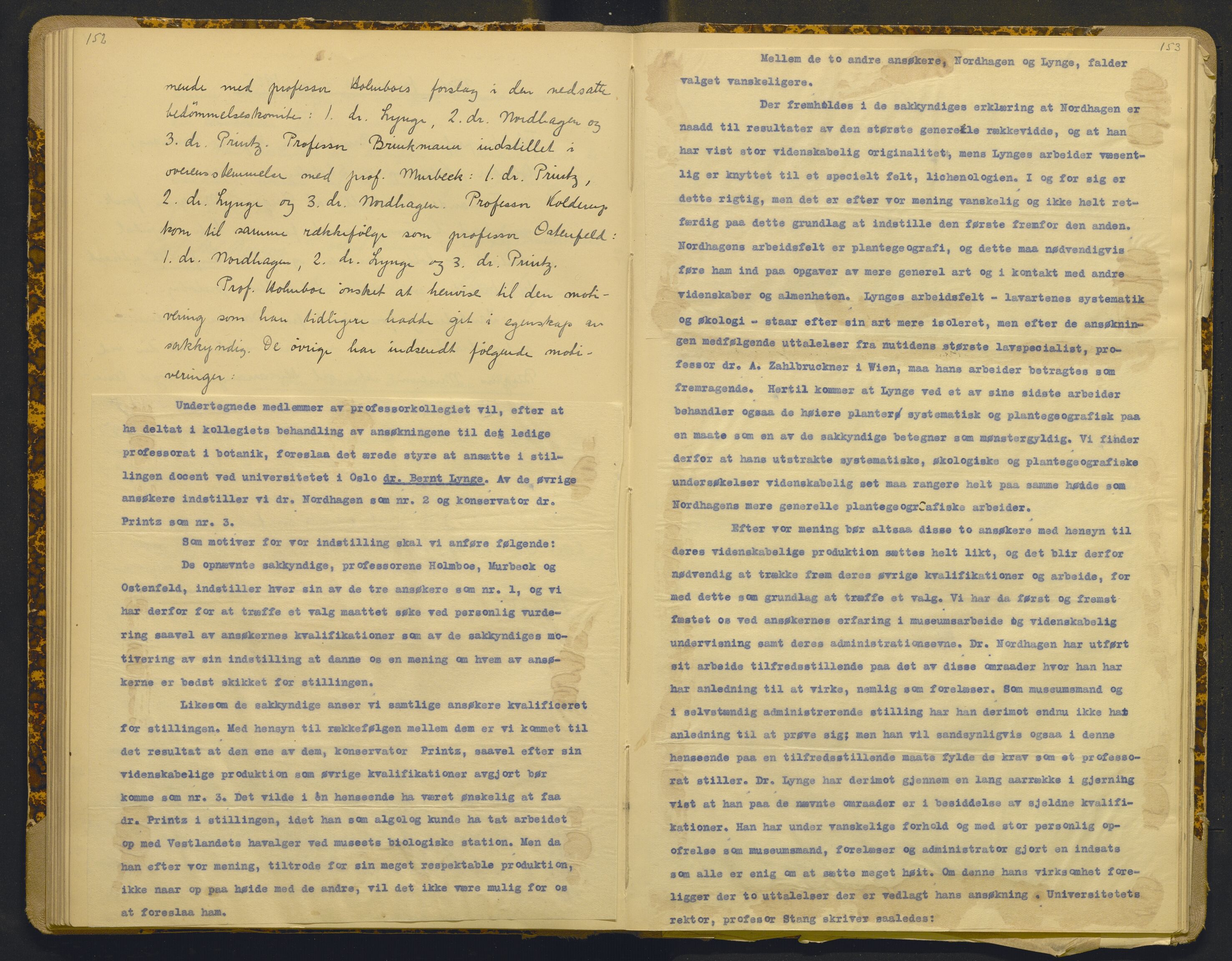 Bergens Museum, AV/SAB-A-17301/18/A/L0001: Bestyrerkollegiets forhandlingsprotokoll med register , 1907-1927, p. 152-153
