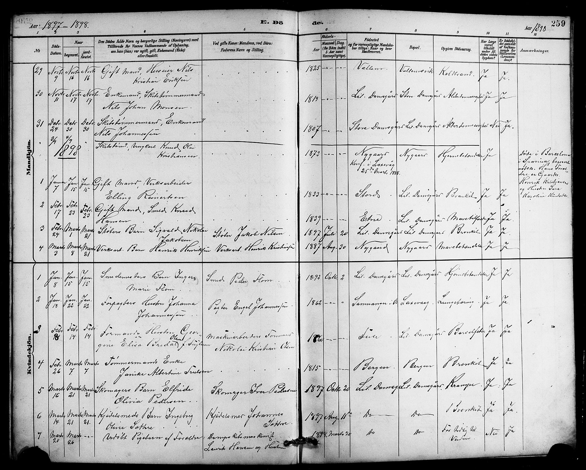 Laksevåg Sokneprestembete, SAB/A-76501/H/Ha/Hab/Haba/L0003: Parish register (copy) no. A 3, 1887-1899, p. 259