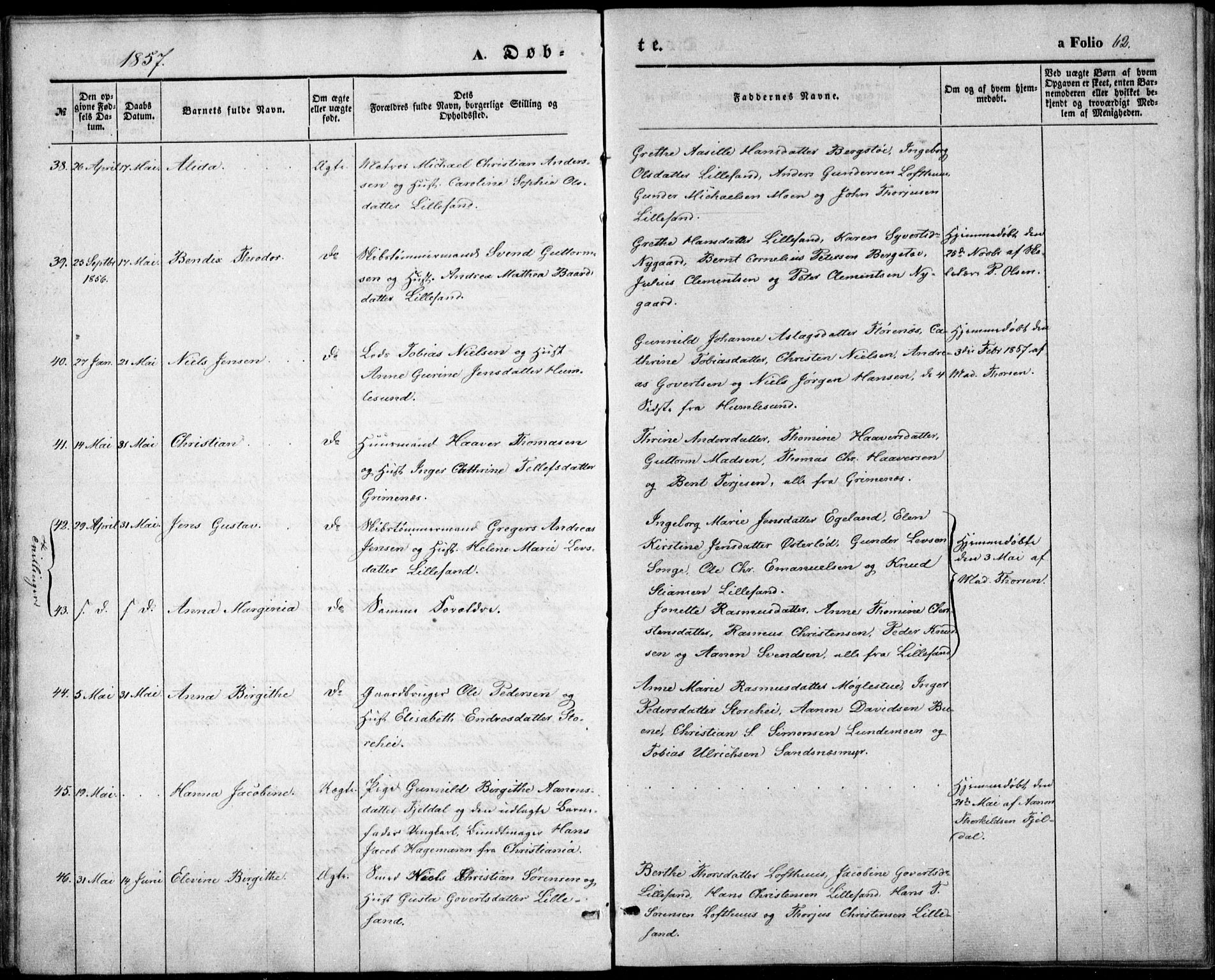 Vestre Moland sokneprestkontor, AV/SAK-1111-0046/F/Fb/Fbb/L0003: Parish register (copy) no. B 3, 1851-1861, p. 62