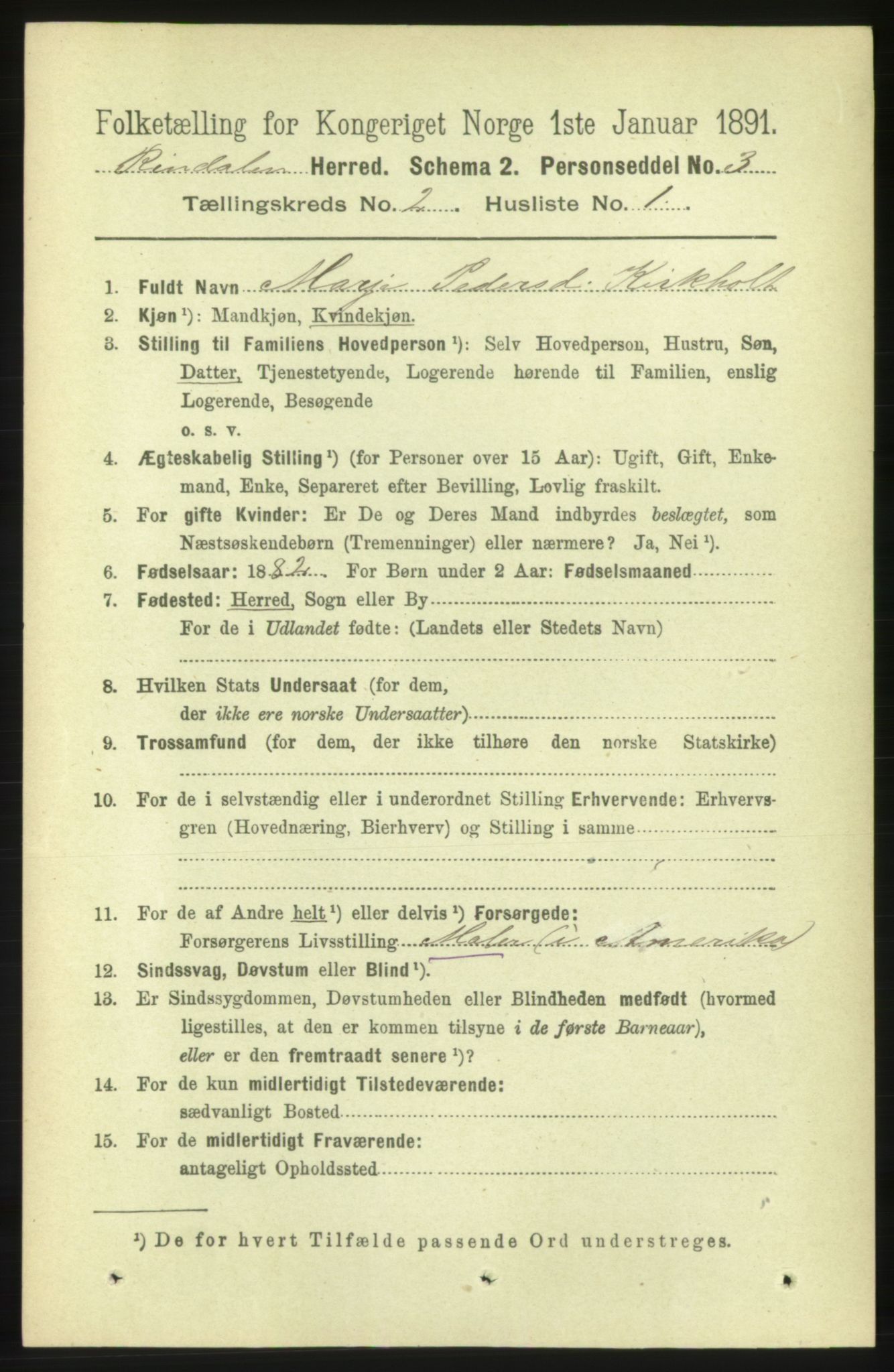 RA, 1891 census for 1567 Rindal, 1891, p. 203