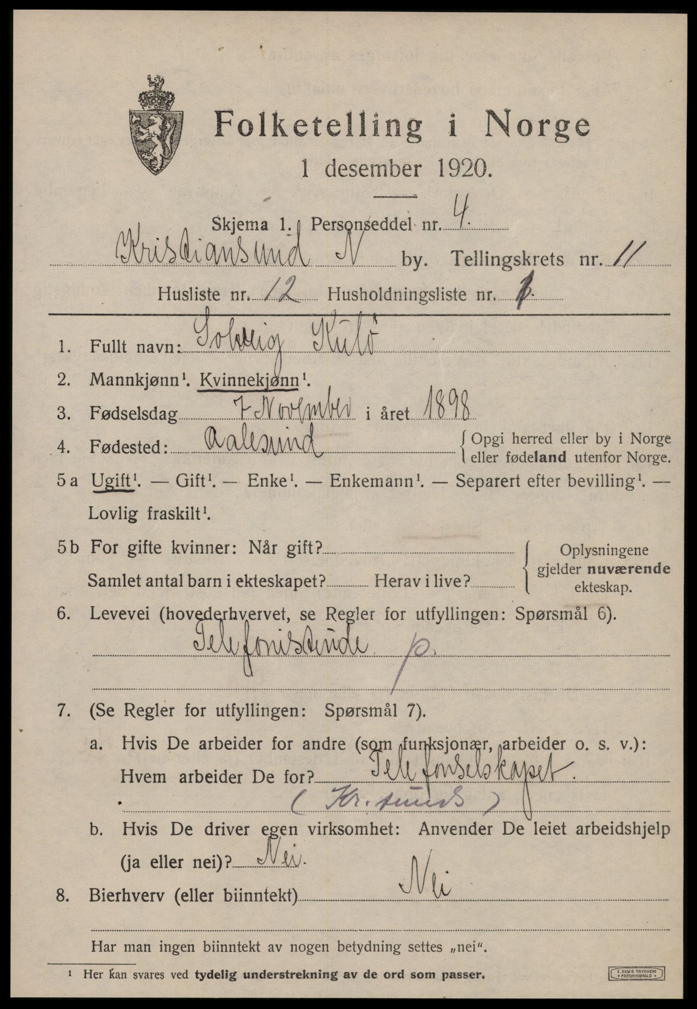 SAT, 1920 census for Kristiansund, 1920, p. 24295