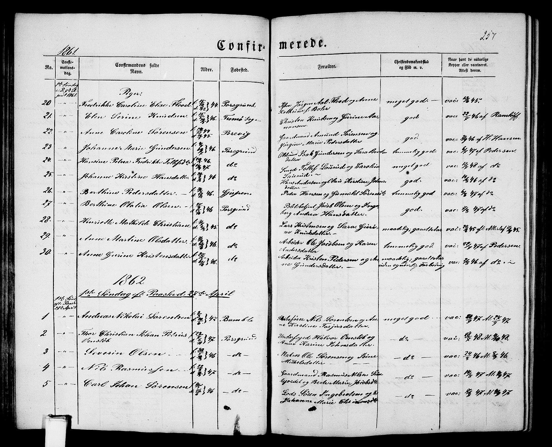 Porsgrunn kirkebøker , SAKO/A-104/G/Gb/L0004: Parish register (copy) no. II 4, 1853-1882, p. 257