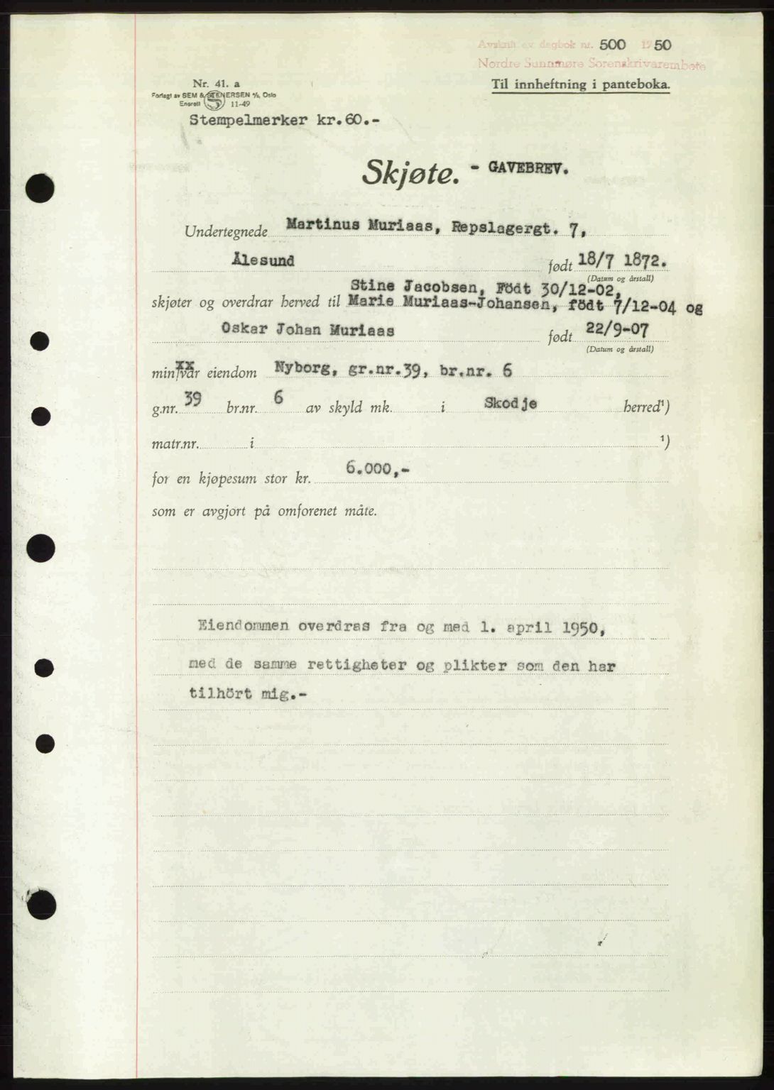 Nordre Sunnmøre sorenskriveri, AV/SAT-A-0006/1/2/2C/2Ca: Mortgage book no. A33, 1949-1950, Diary no: : 500/1950