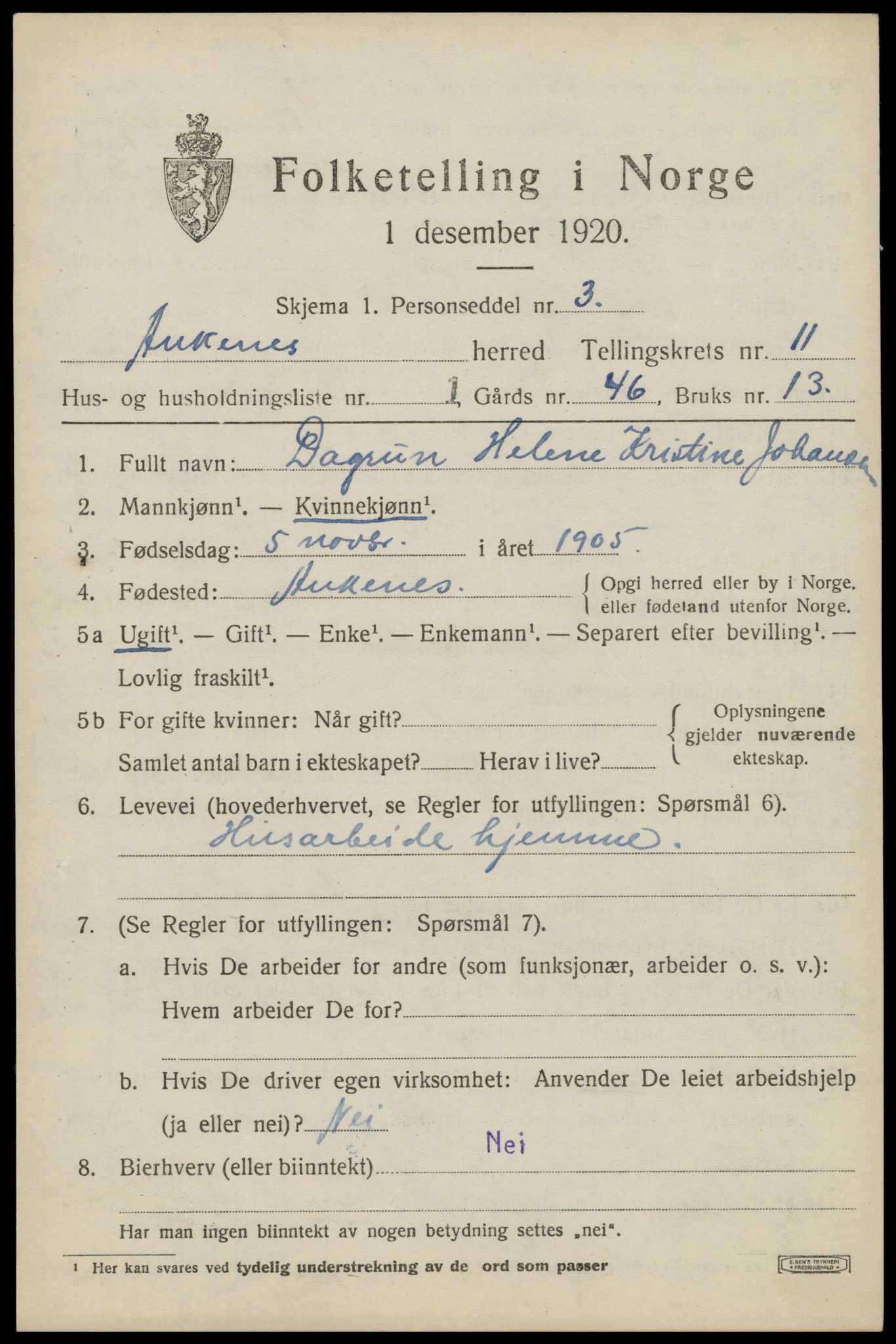 SAT, 1920 census for Ankenes, 1920, p. 5821