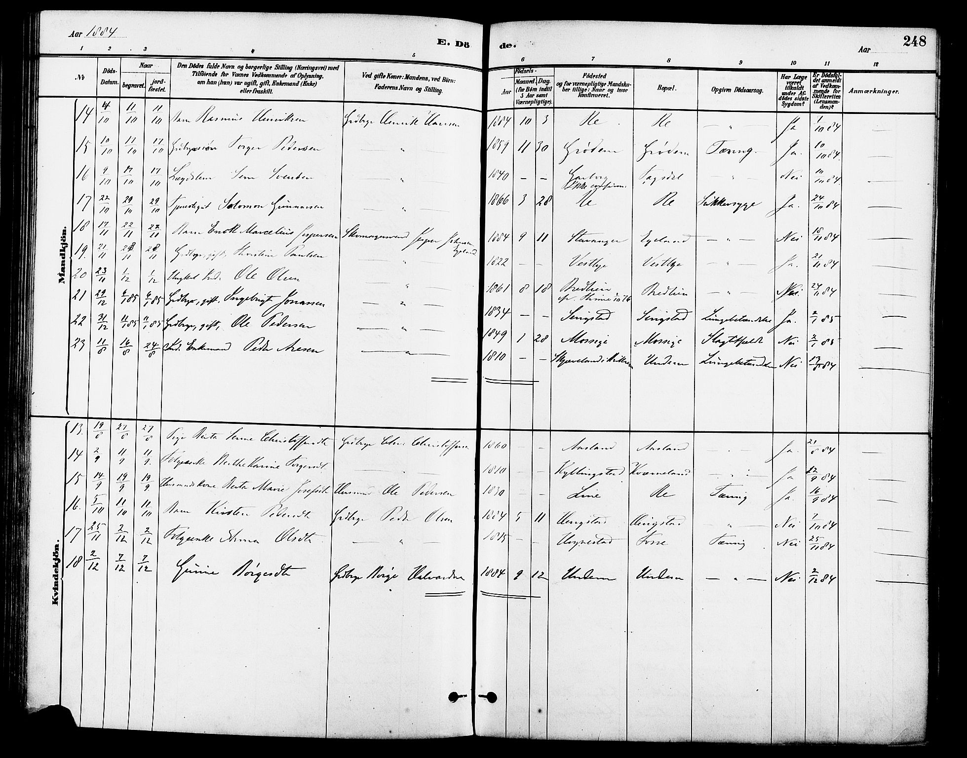 Lye sokneprestkontor, AV/SAST-A-101794/001/30BA/L0009: Parish register (official) no. A 8, 1881-1892, p. 248