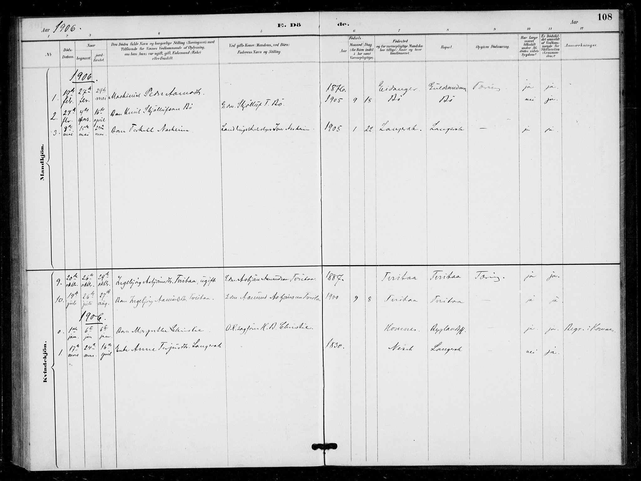 Bygland sokneprestkontor, SAK/1111-0006/F/Fa/Fad/L0001: Parish register (official) no. A 1, 1885-1906, p. 108