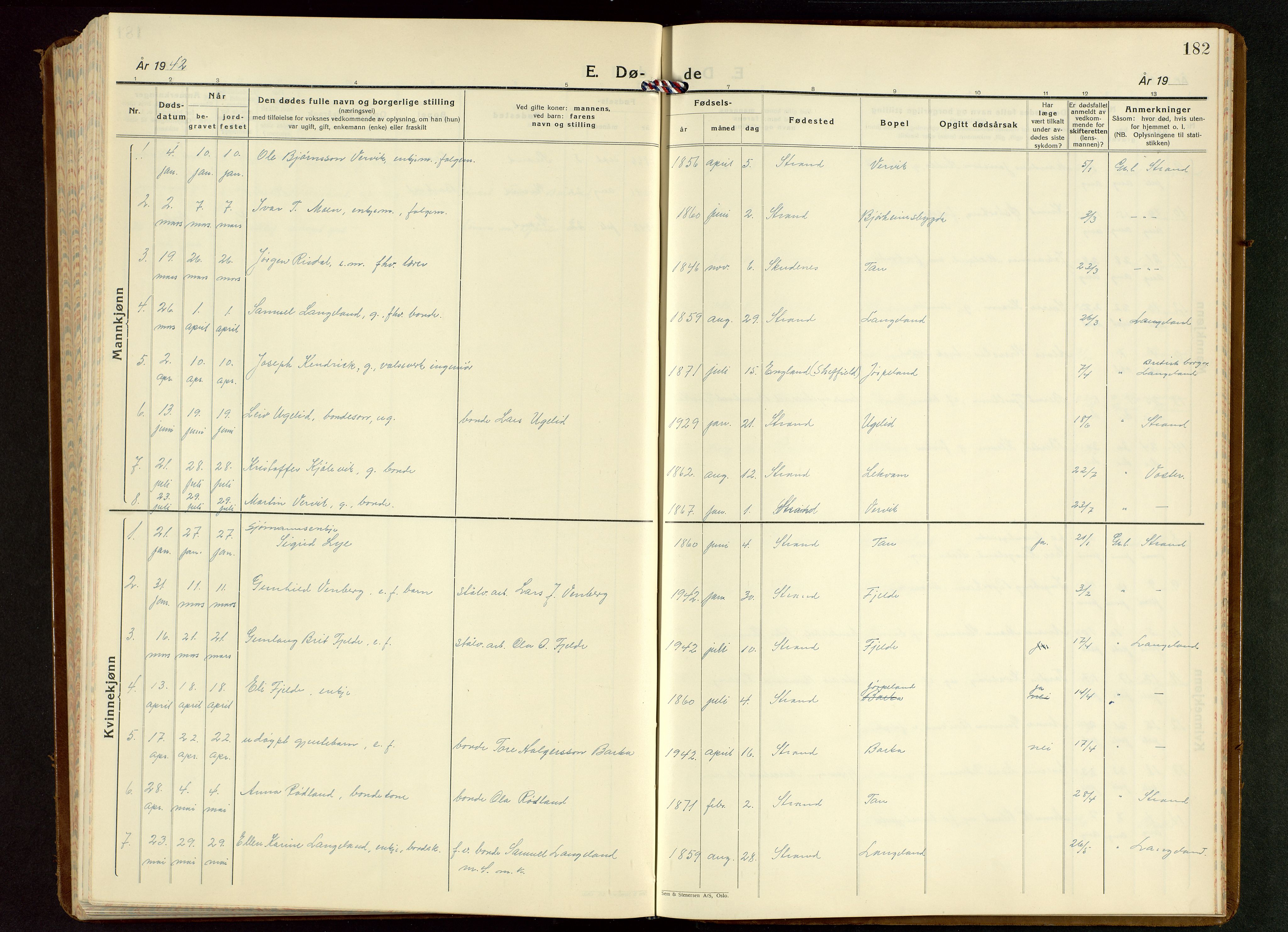 Strand sokneprestkontor, SAST/A-101828/H/Ha/Hab/L0006: Parish register (copy) no. B 6, 1933-1950, p. 182