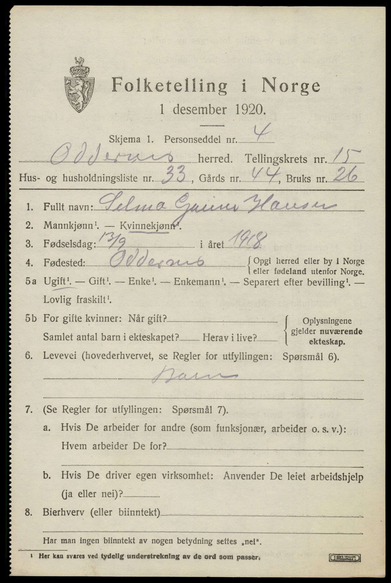 SAK, 1920 census for Oddernes, 1920, p. 10359