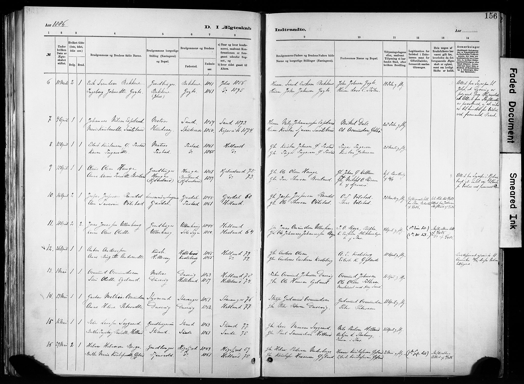 Hetland sokneprestkontor, SAST/A-101826/30/30BA/L0011: Parish register (official) no. A 11, 1884-1911, p. 156