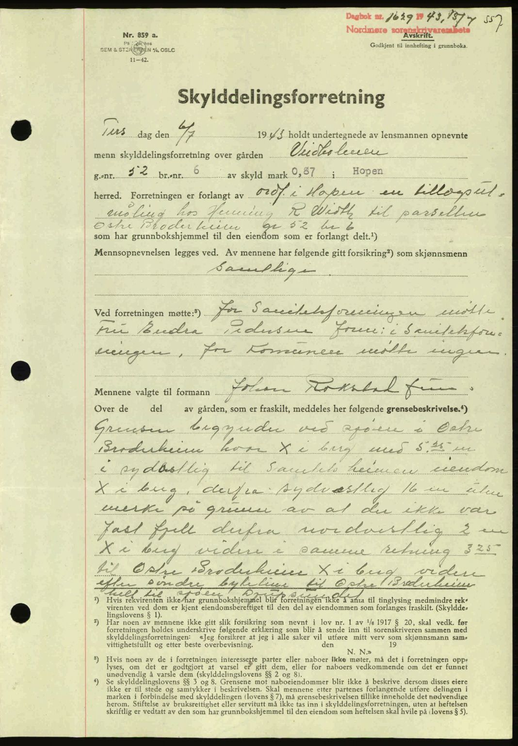 Nordmøre sorenskriveri, AV/SAT-A-4132/1/2/2Ca: Mortgage book no. A95, 1943-1943, Diary no: : 1629/1943