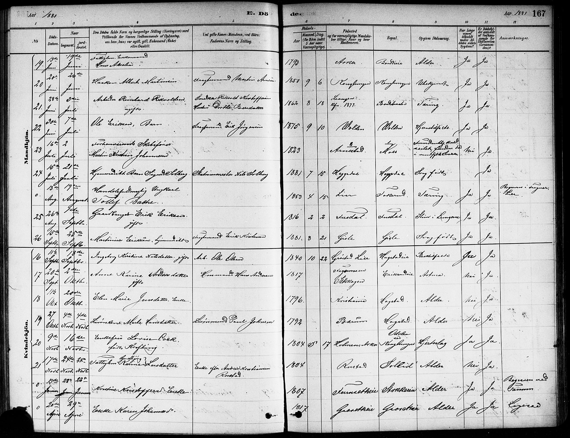 Asker prestekontor Kirkebøker, SAO/A-10256a/F/Fa/L0013: Parish register (official) no. I 13, 1879-1896, p. 167