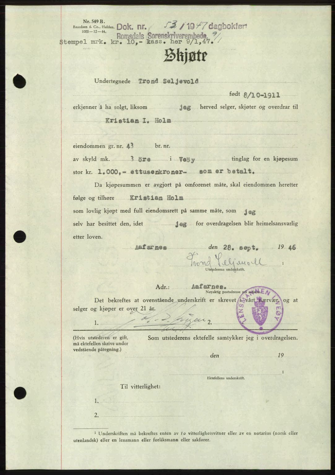 Romsdal sorenskriveri, AV/SAT-A-4149/1/2/2C: Mortgage book no. A22, 1947-1947, Diary no: : 53/1947