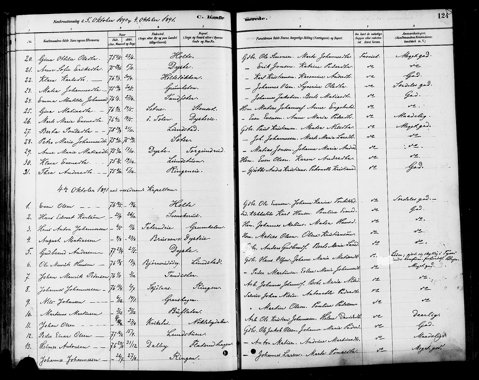 Vestre Toten prestekontor, SAH/PREST-108/H/Ha/Haa/L0010: Parish register (official) no. 10, 1878-1894, p. 124