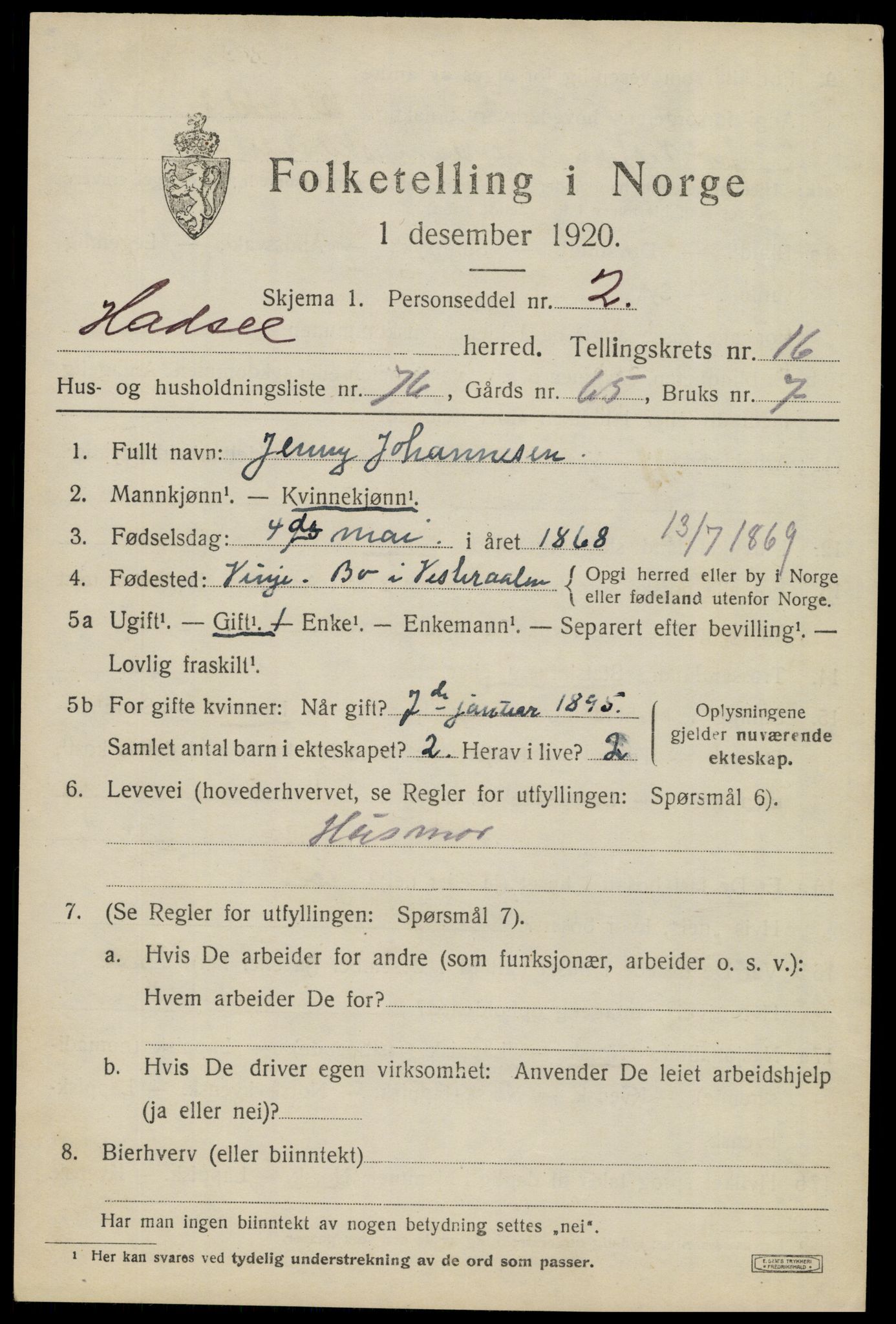 SAT, 1920 census for Hadsel, 1920, p. 14936