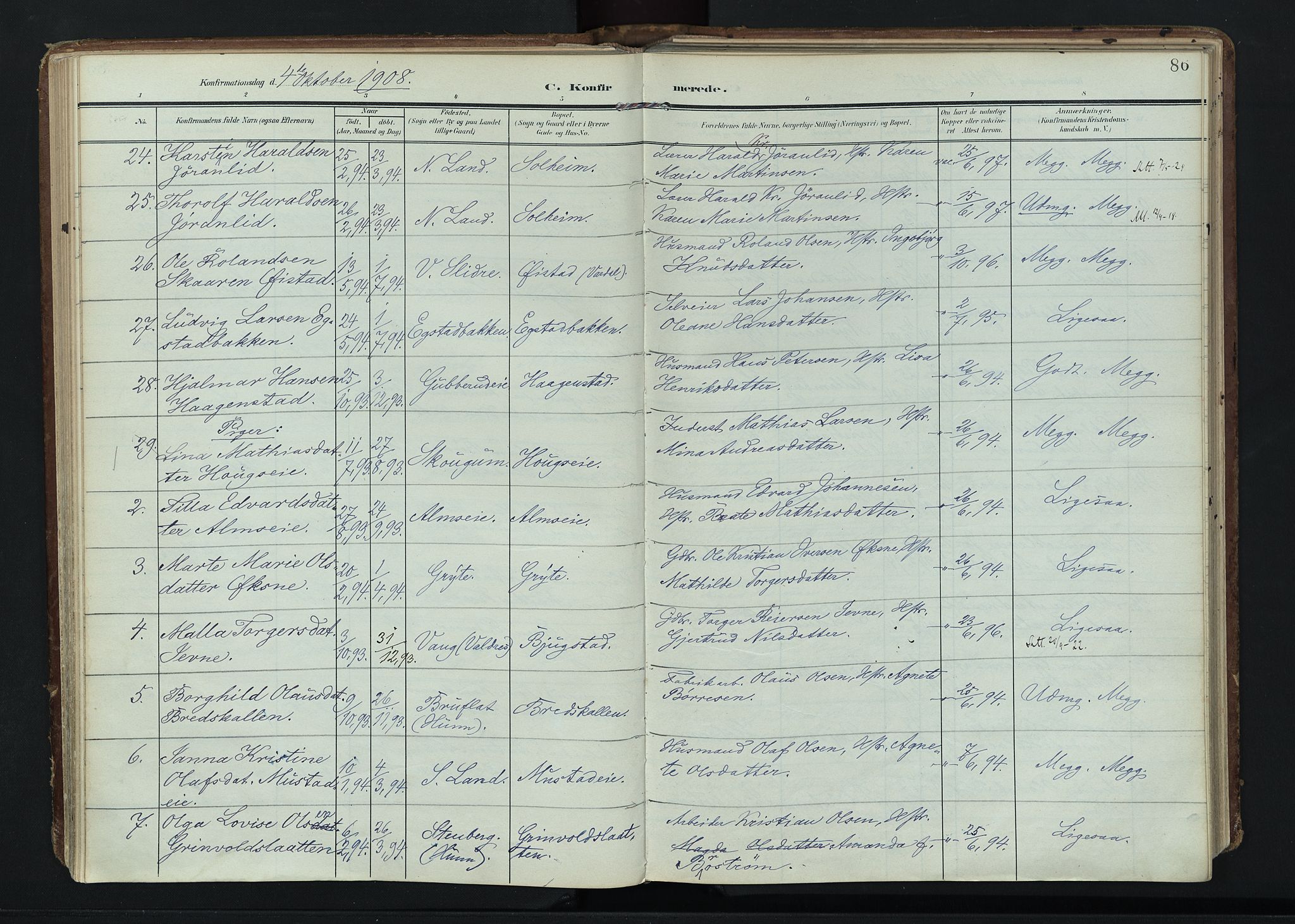 Vardal prestekontor, AV/SAH-PREST-100/H/Ha/Haa/L0020: Parish register (official) no. 20, 1907-1921, p. 86