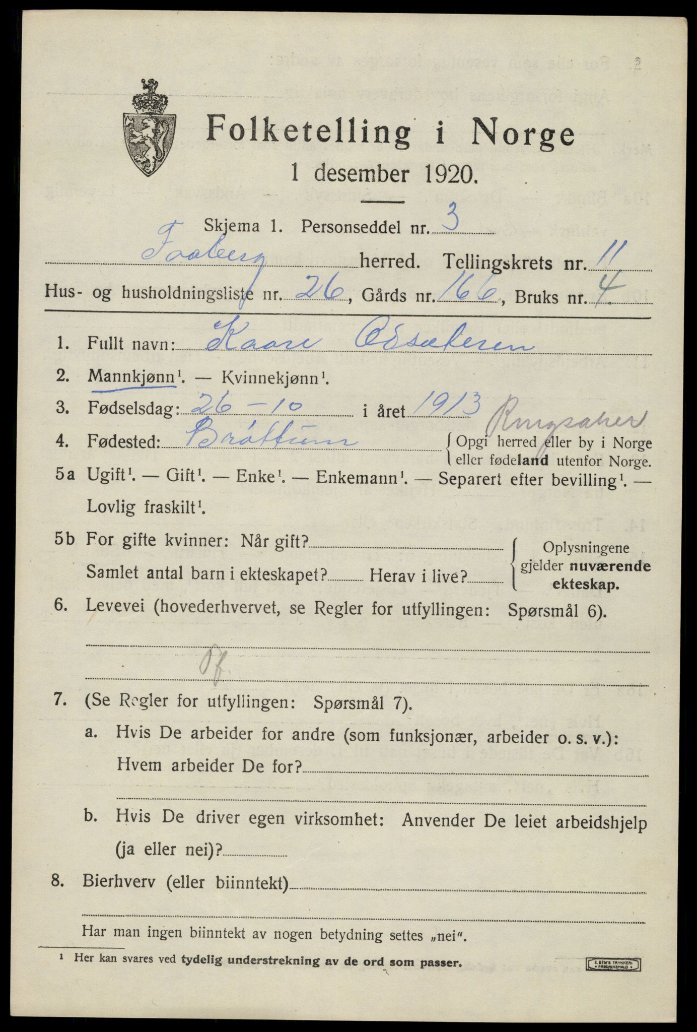 SAH, 1920 census for Fåberg, 1920, p. 12132