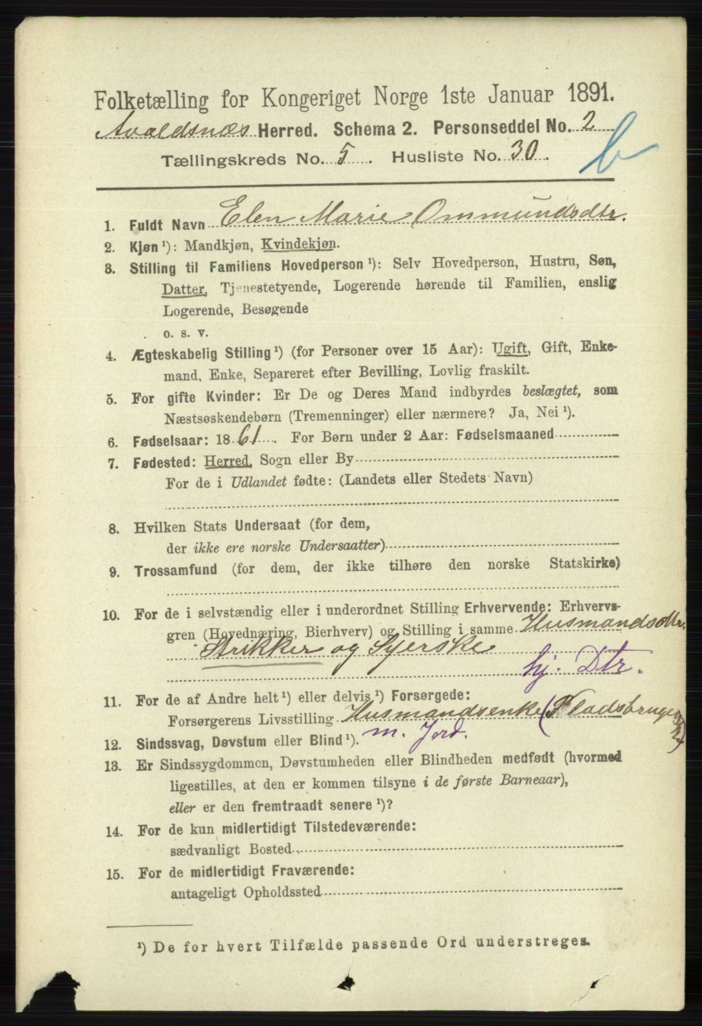 RA, 1891 census for 1147 Avaldsnes, 1891, p. 3165