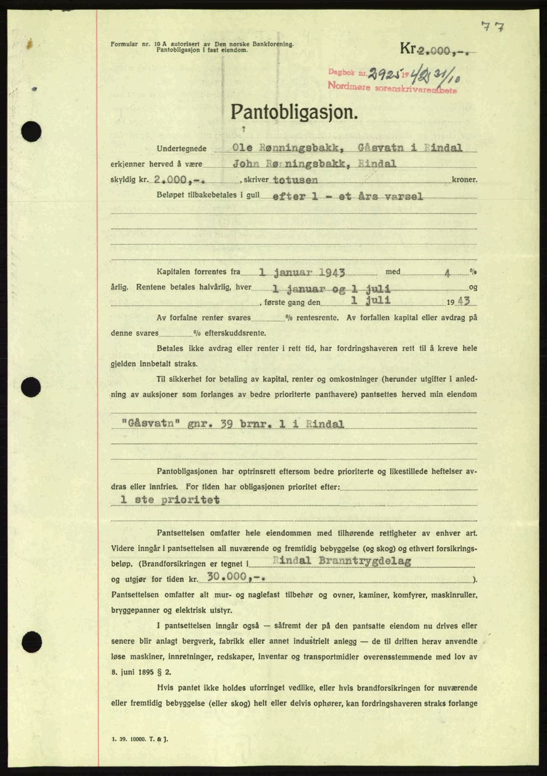 Nordmøre sorenskriveri, AV/SAT-A-4132/1/2/2Ca: Mortgage book no. B90, 1942-1943, Diary no: : 2925/1942