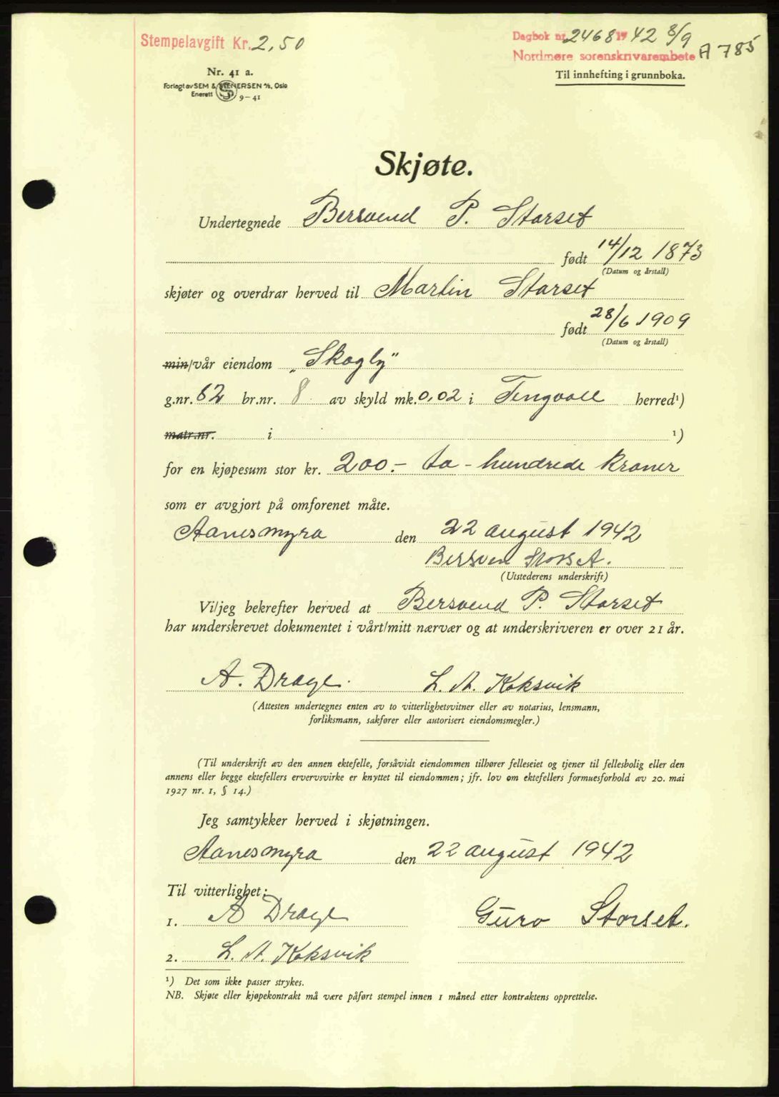 Nordmøre sorenskriveri, AV/SAT-A-4132/1/2/2Ca: Mortgage book no. A93, 1942-1942, Diary no: : 2468/1942