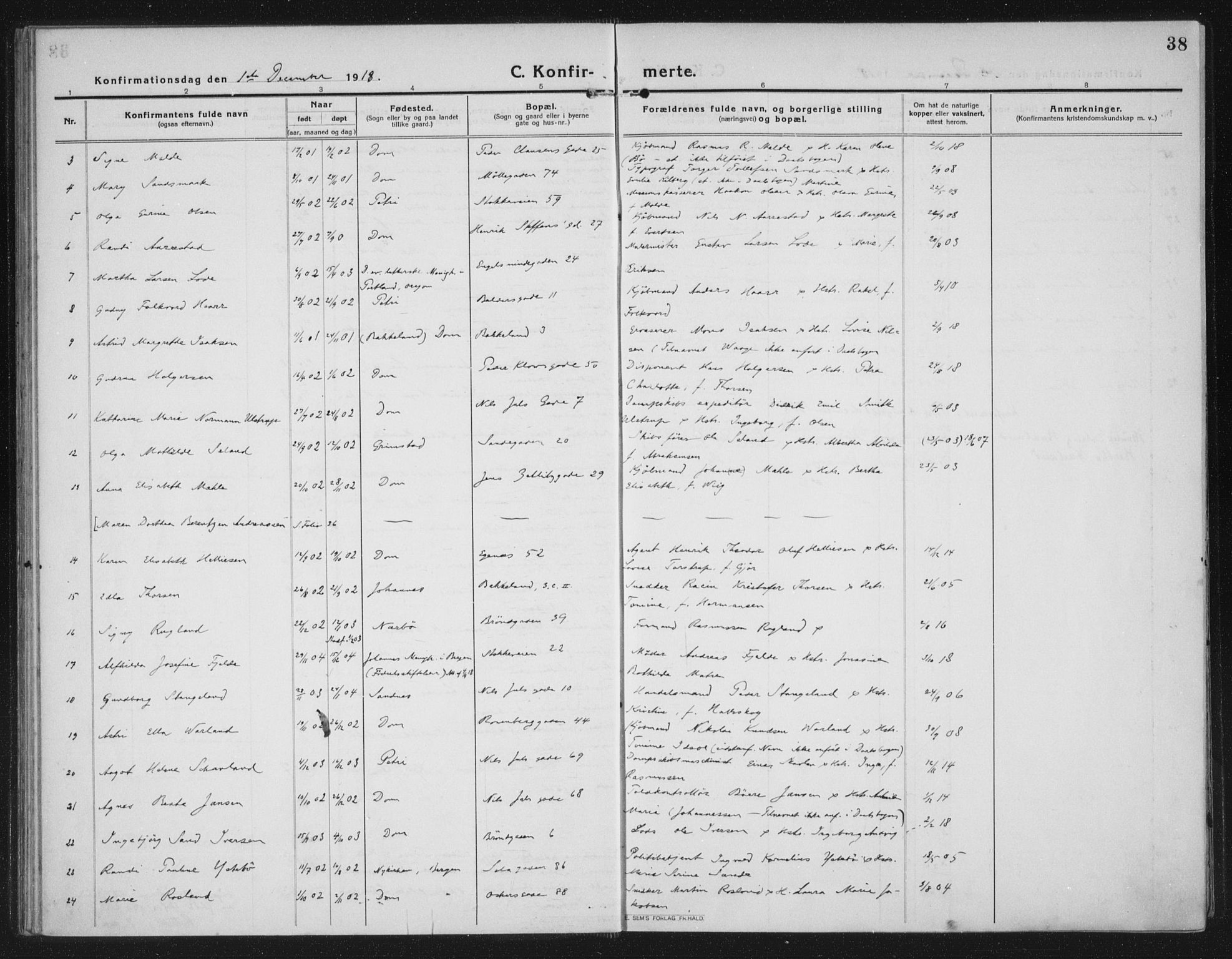 Domkirken sokneprestkontor, AV/SAST-A-101812/002/A/L0019: Parish register (official) no. A 35, 1916-1932, p. 38