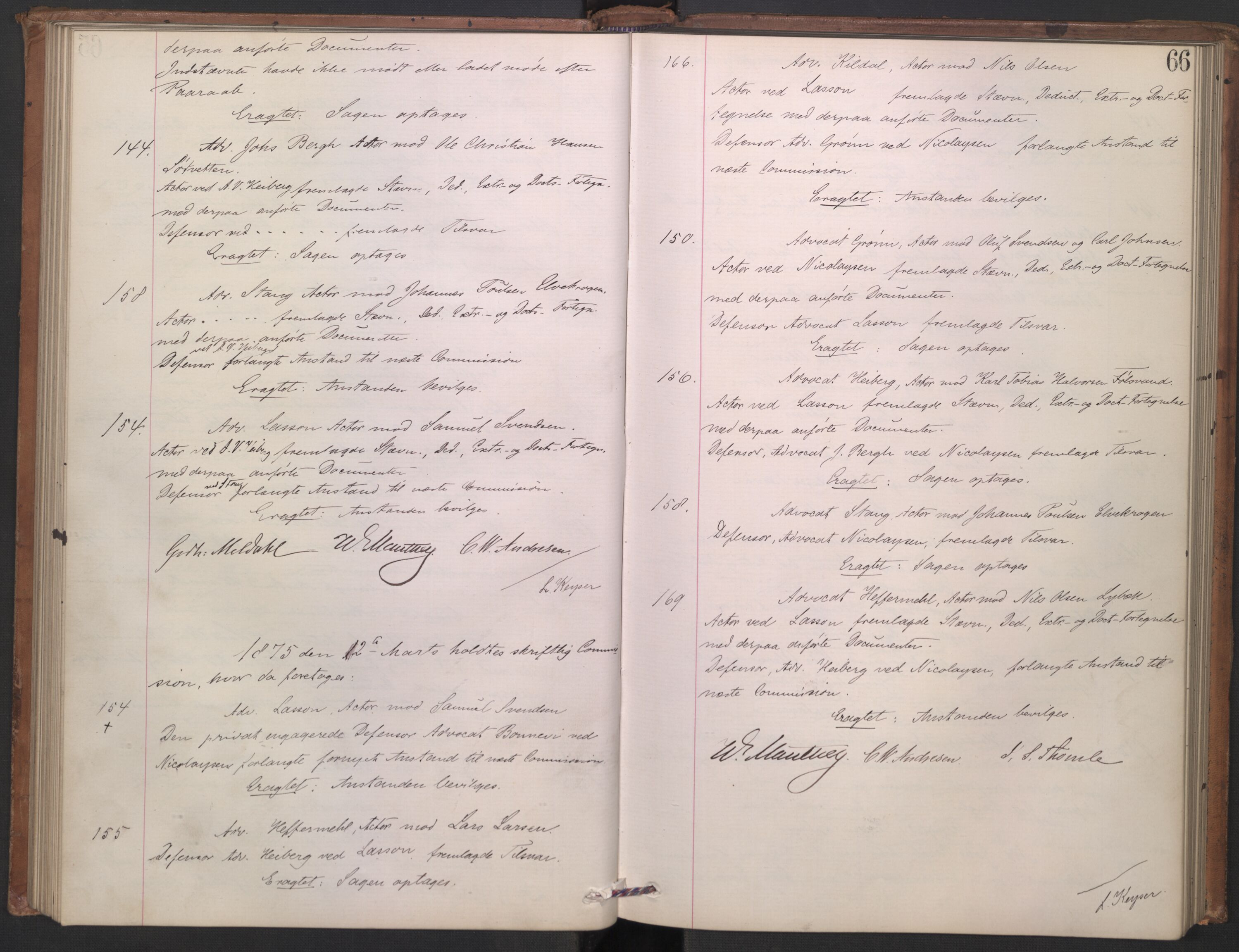 Høyesterett, AV/RA-S-1002/E/Ef/L0013: Protokoll over saker som gikk til skriftlig behandling, 1873-1879, p. 65b-66a