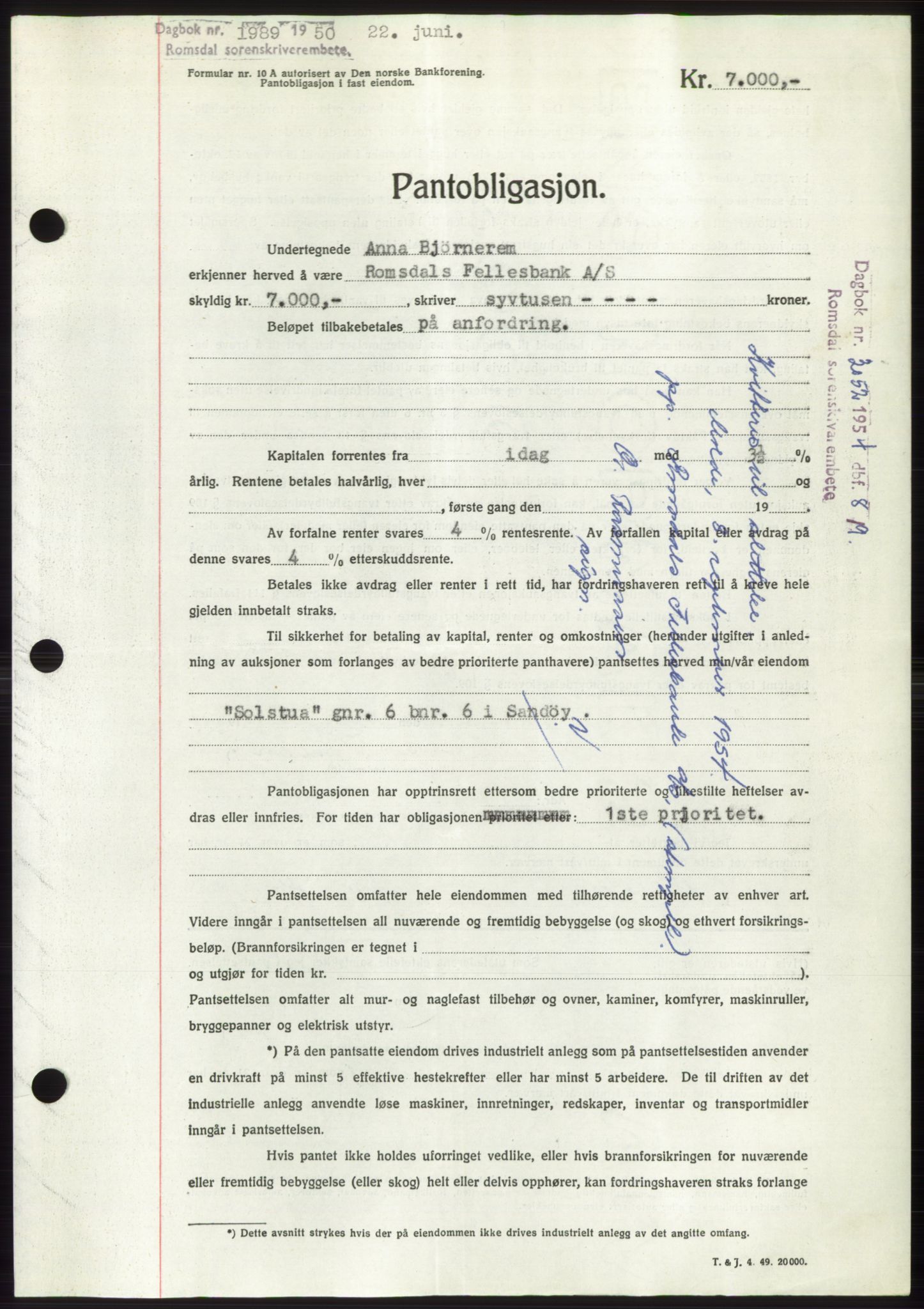 Romsdal sorenskriveri, AV/SAT-A-4149/1/2/2C: Mortgage book no. B5, 1949-1950, Diary no: : 1989/1950