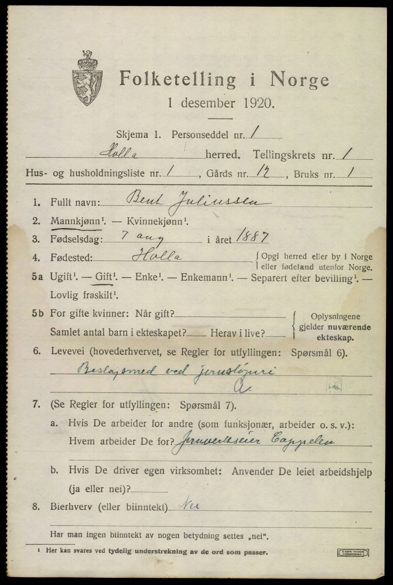 SAKO, 1920 census for Holla, 1920, p. 2593