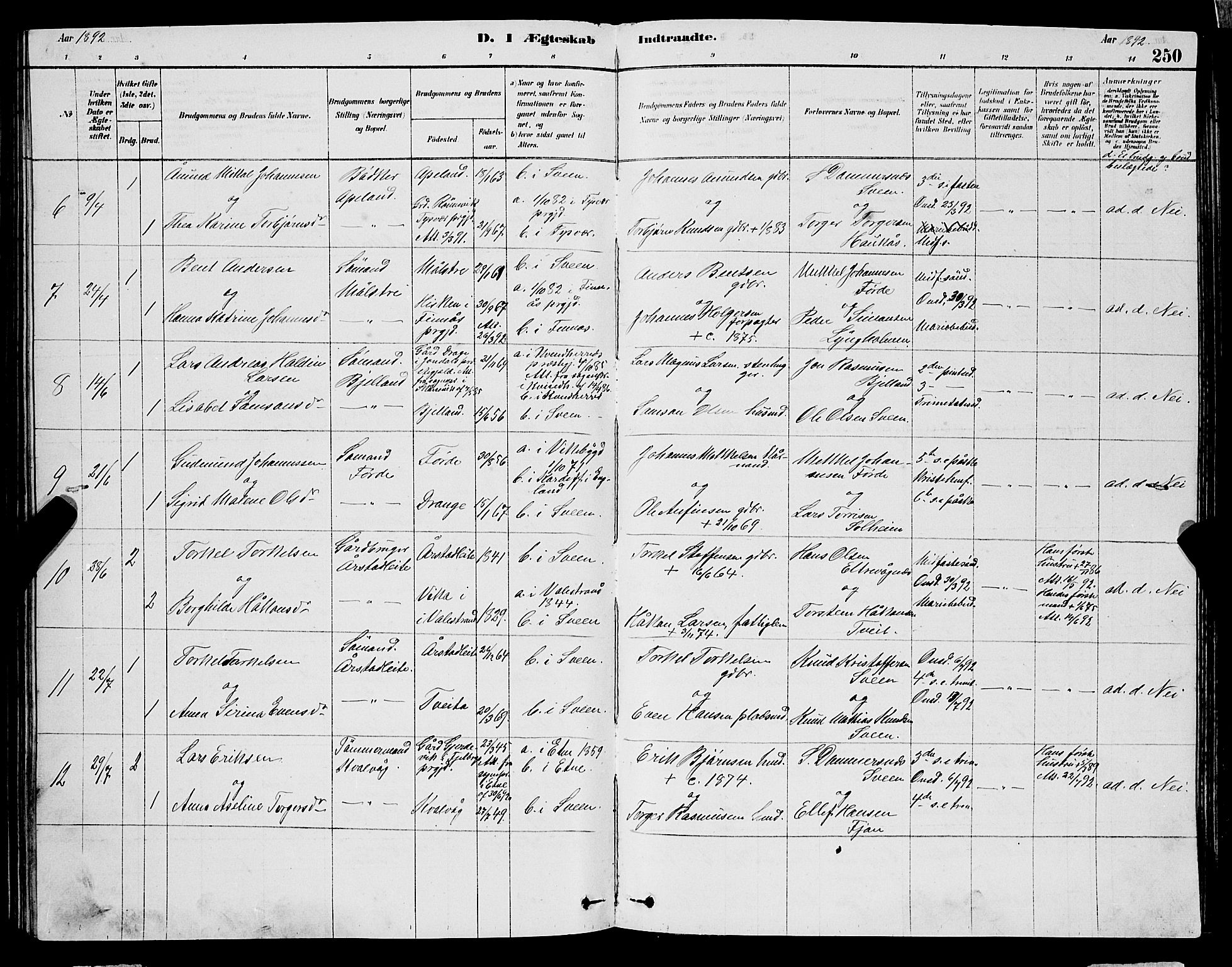 Sveio Sokneprestembete, AV/SAB-A-78501/H/Hab: Parish register (copy) no. A 3, 1878-1896, p. 250