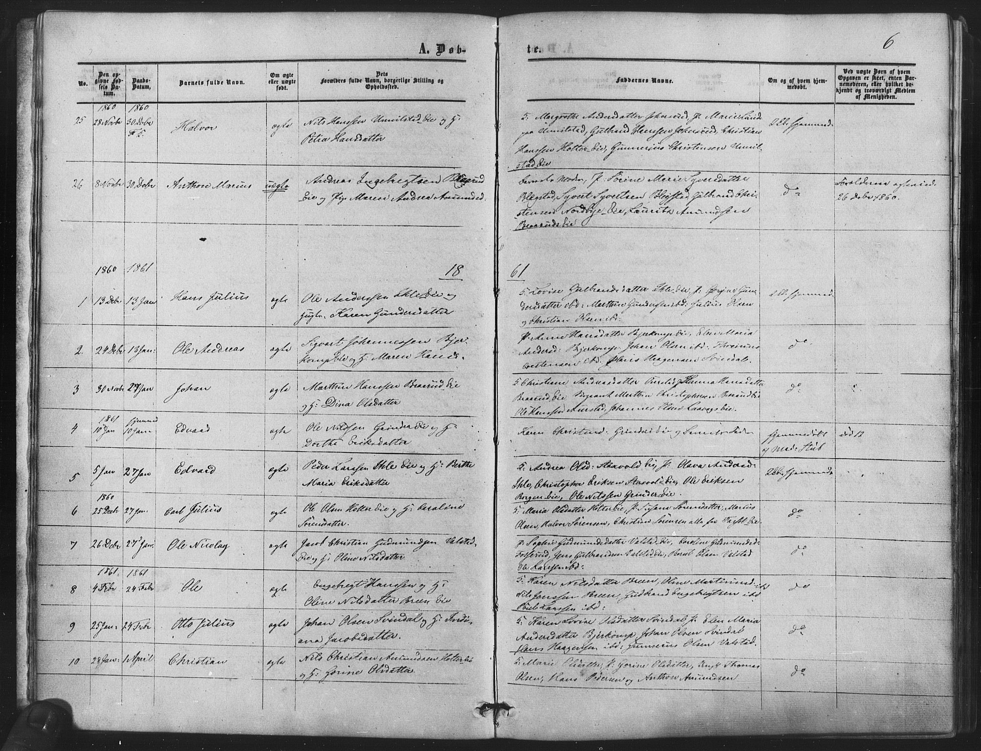 Nes prestekontor Kirkebøker, SAO/A-10410/F/Fb/L0001: Parish register (official) no. II 1, 1859-1882, p. 6