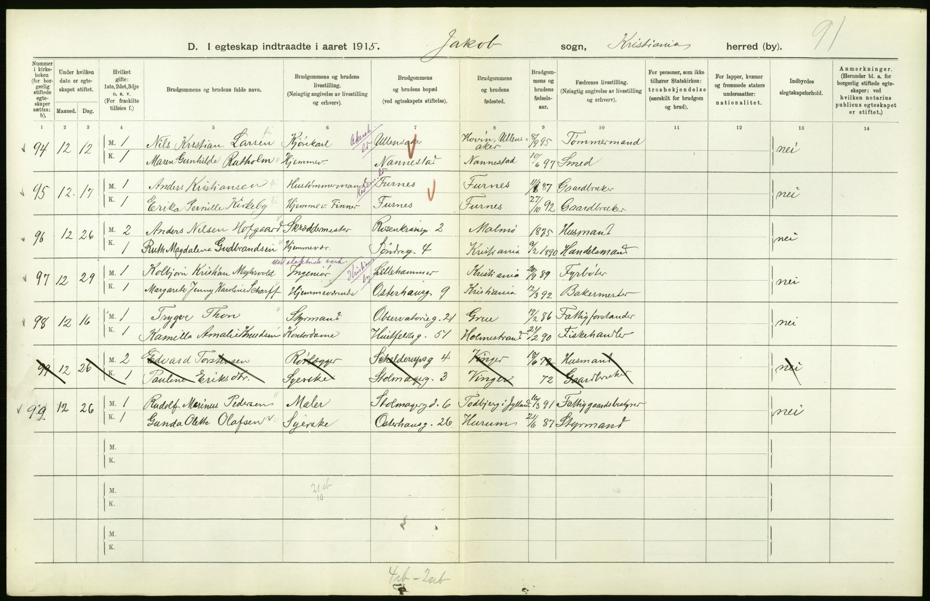 Statistisk sentralbyrå, Sosiodemografiske emner, Befolkning, RA/S-2228/D/Df/Dfb/Dfbe/L0008: Kristiania: Gifte., 1915, p. 578