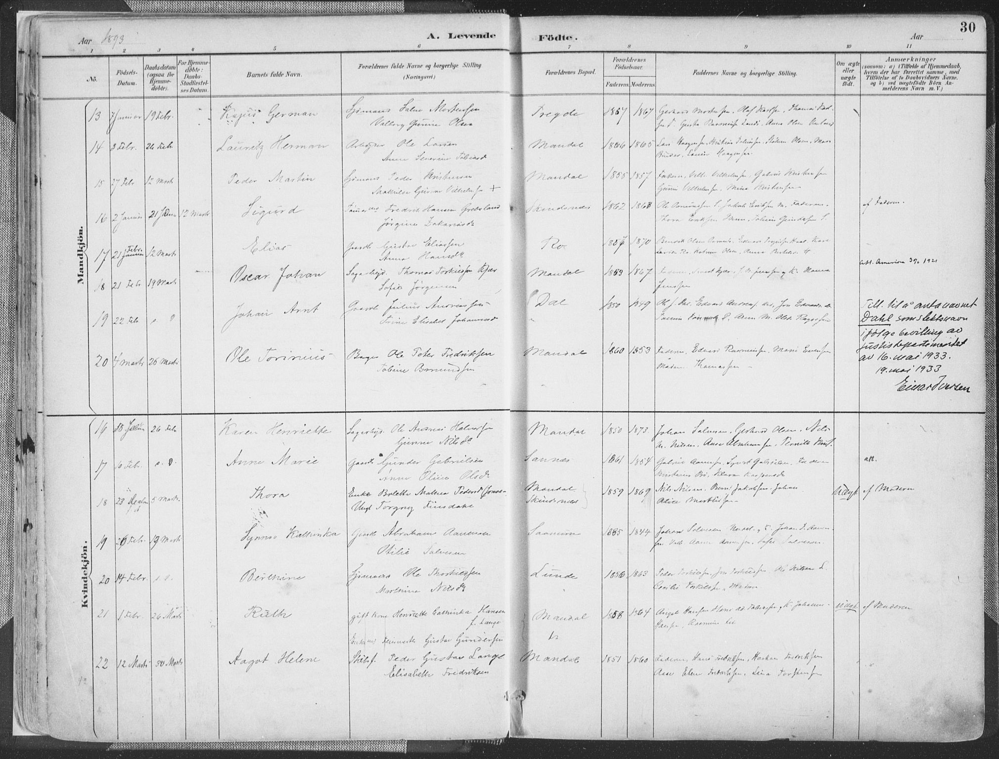 Mandal sokneprestkontor, AV/SAK-1111-0030/F/Fa/Faa/L0018: Parish register (official) no. A 18, 1890-1905, p. 30