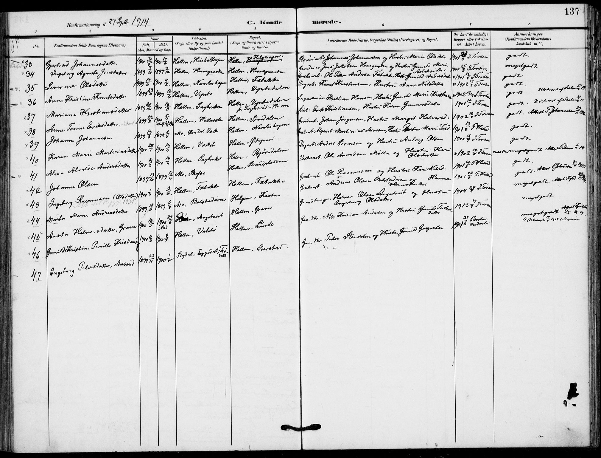 Holla kirkebøker, AV/SAKO-A-272/F/Fa/L0012: Parish register (official) no. 12, 1907-1923, p. 137