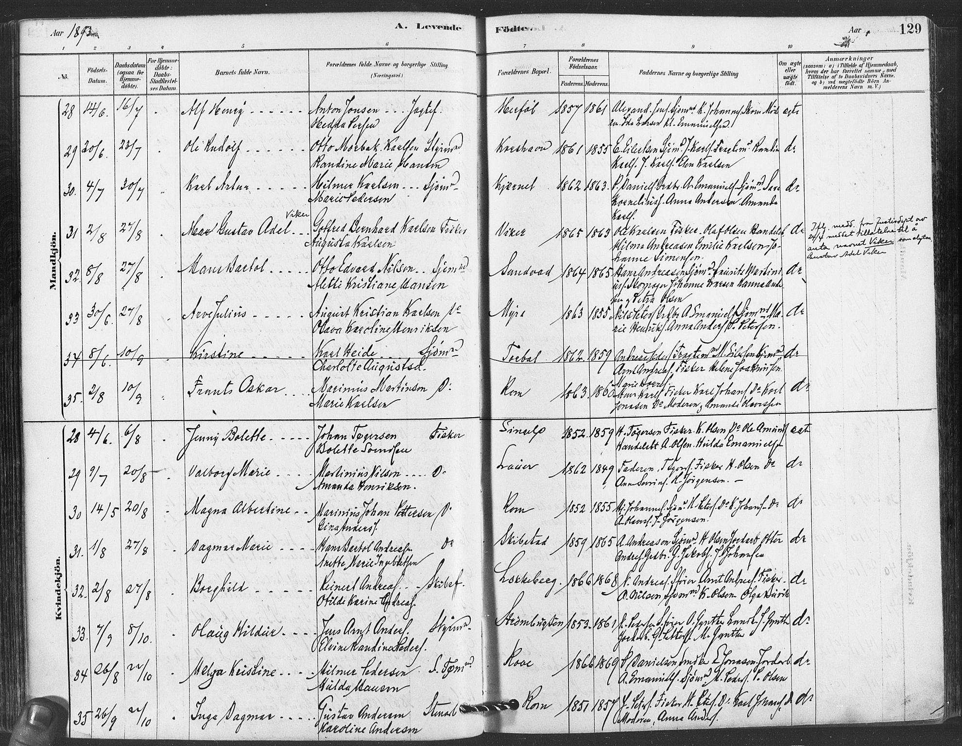 Hvaler prestekontor Kirkebøker, AV/SAO-A-2001/F/Fa/L0008: Parish register (official) no. I 8, 1878-1895, p. 129