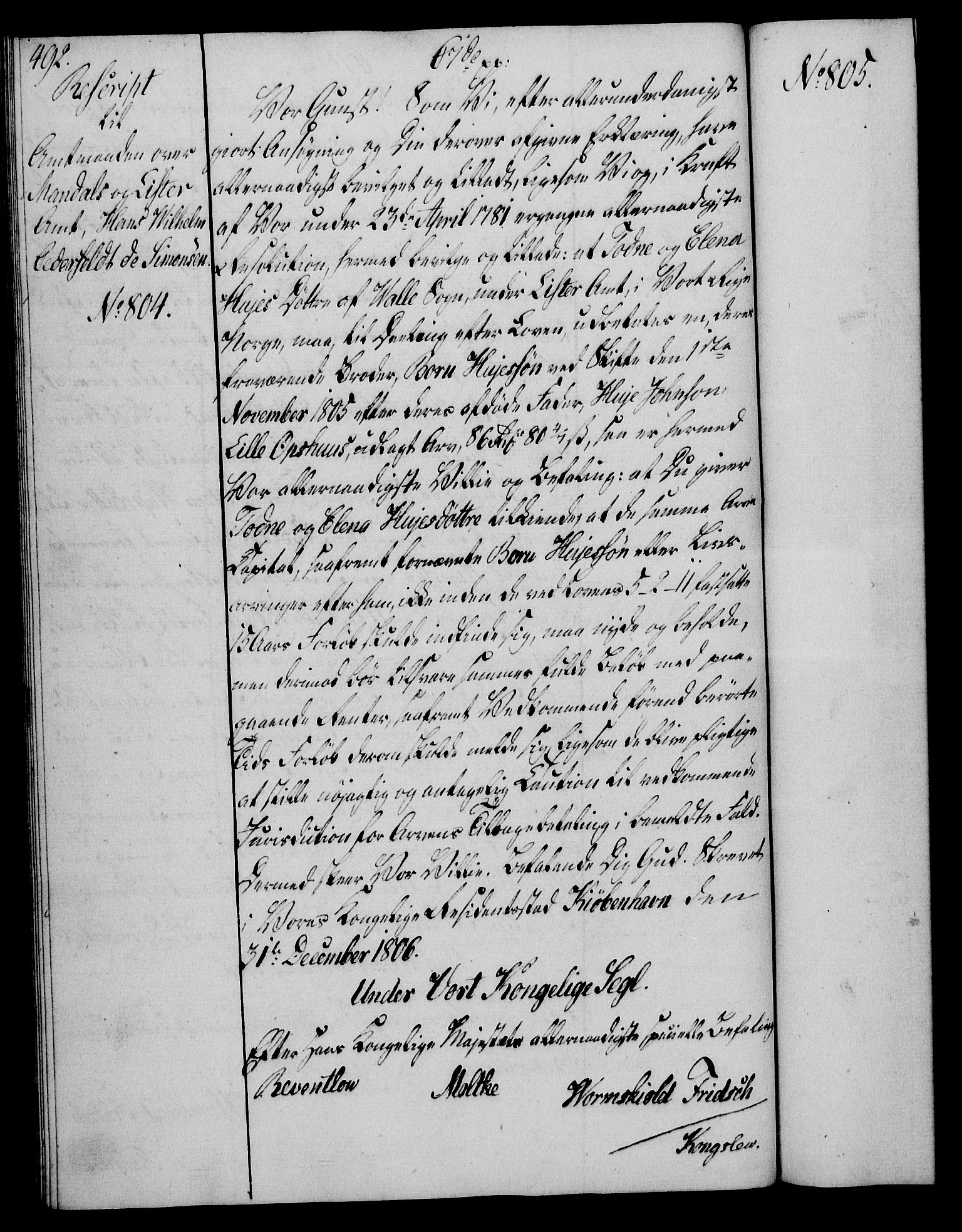 Rentekammeret, Kammerkanselliet, RA/EA-3111/G/Gg/Gga/L0018: Norsk ekspedisjonsprotokoll med register (merket RK 53.18), 1804-1806, p. 492