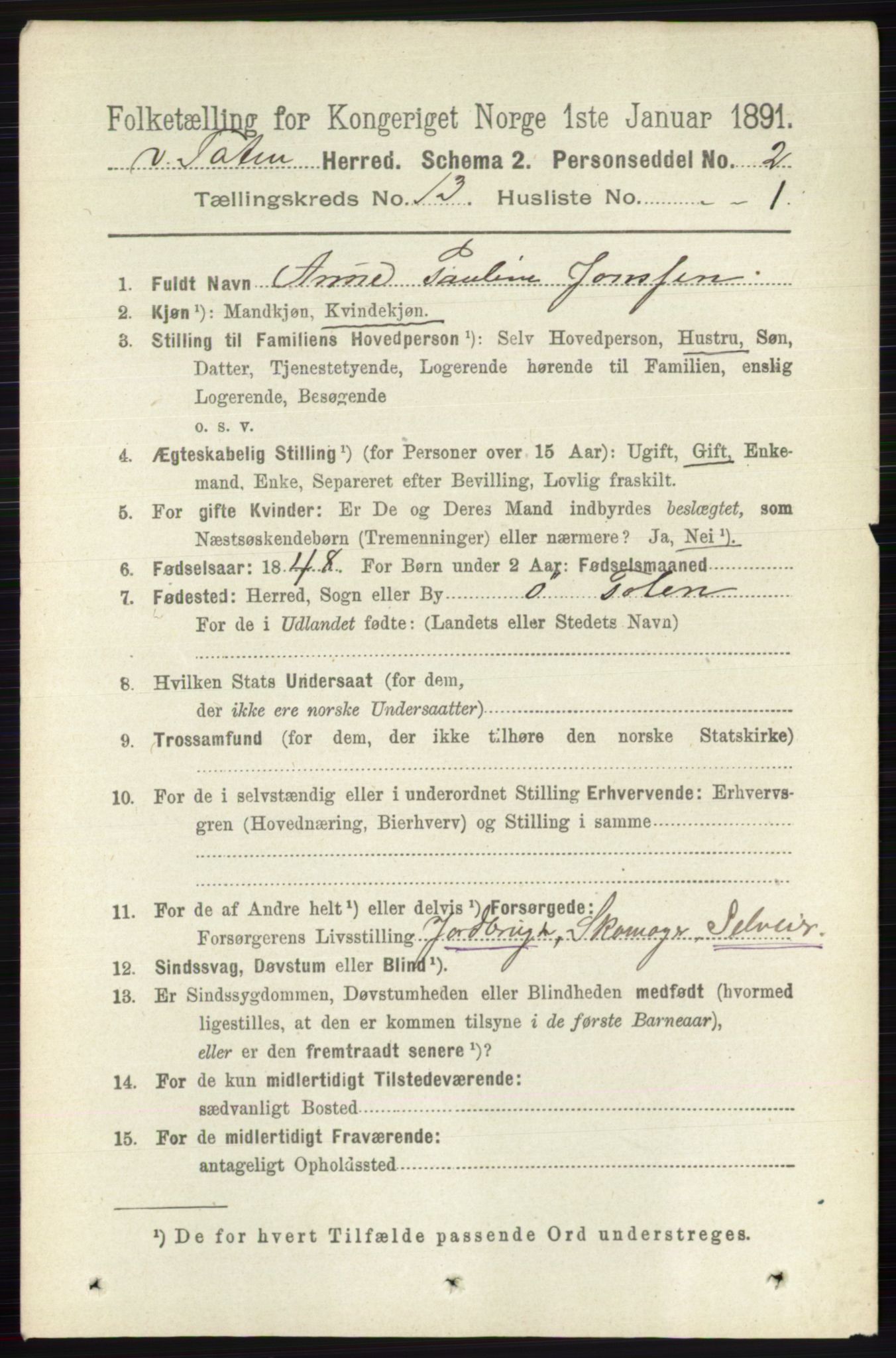 RA, 1891 census for 0529 Vestre Toten, 1891, p. 7815