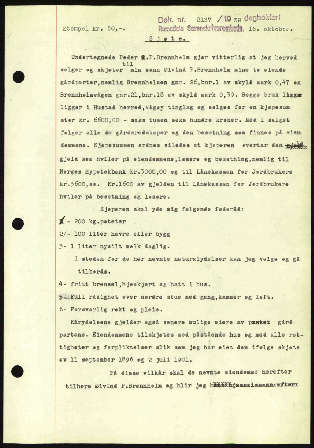 Romsdal sorenskriveri, AV/SAT-A-4149/1/2/2C: Mortgage book no. A7, 1939-1939, Diary no: : 2137/1939