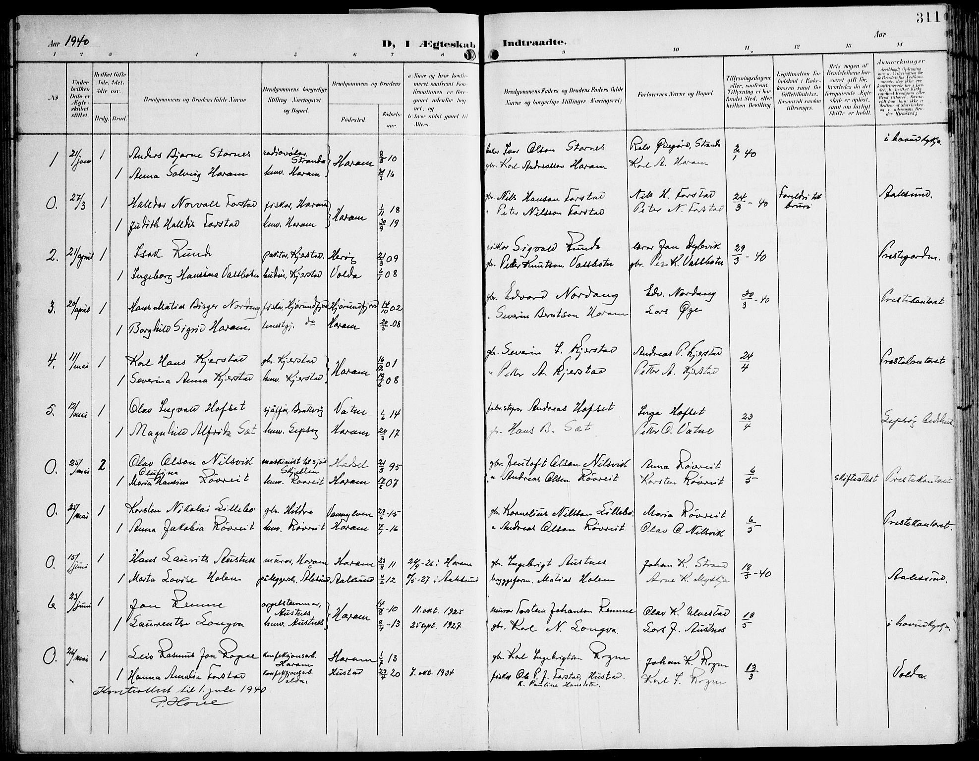 Ministerialprotokoller, klokkerbøker og fødselsregistre - Møre og Romsdal, AV/SAT-A-1454/536/L0511: Parish register (copy) no. 536C06, 1899-1944, p. 311