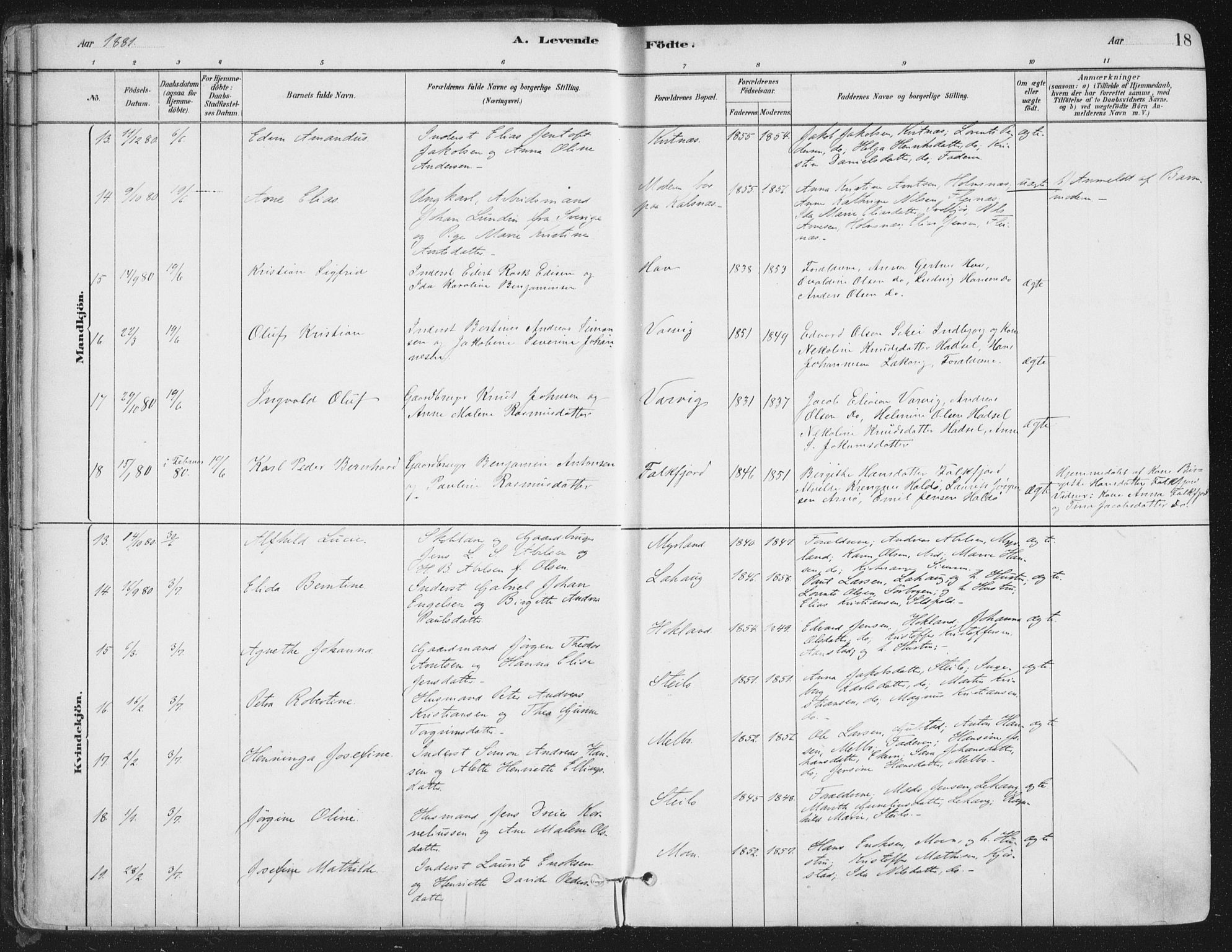 Ministerialprotokoller, klokkerbøker og fødselsregistre - Nordland, AV/SAT-A-1459/888/L1244: Parish register (official) no. 888A10, 1880-1890, p. 18