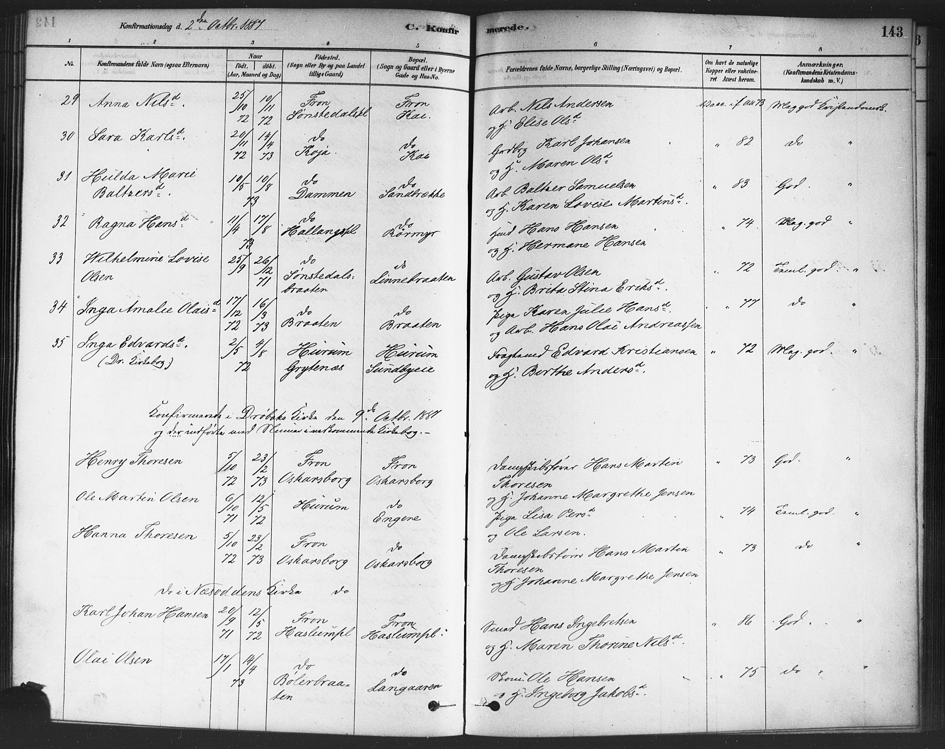 Drøbak prestekontor Kirkebøker, AV/SAO-A-10142a/F/Fc/L0002: Parish register (official) no. III 2, 1878-1891, p. 143