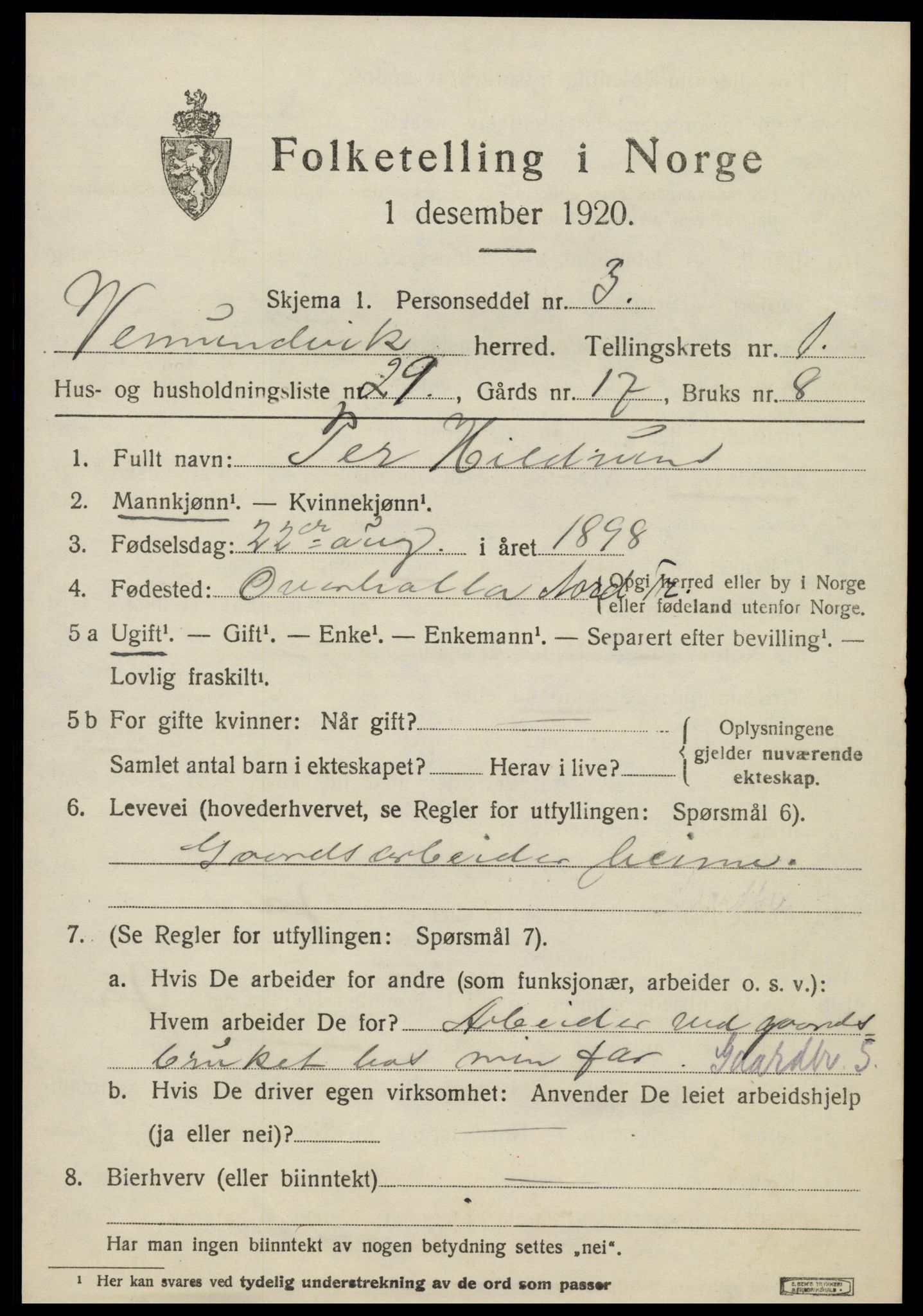 SAT, 1920 census for Vemundvik, 1920, p. 1147