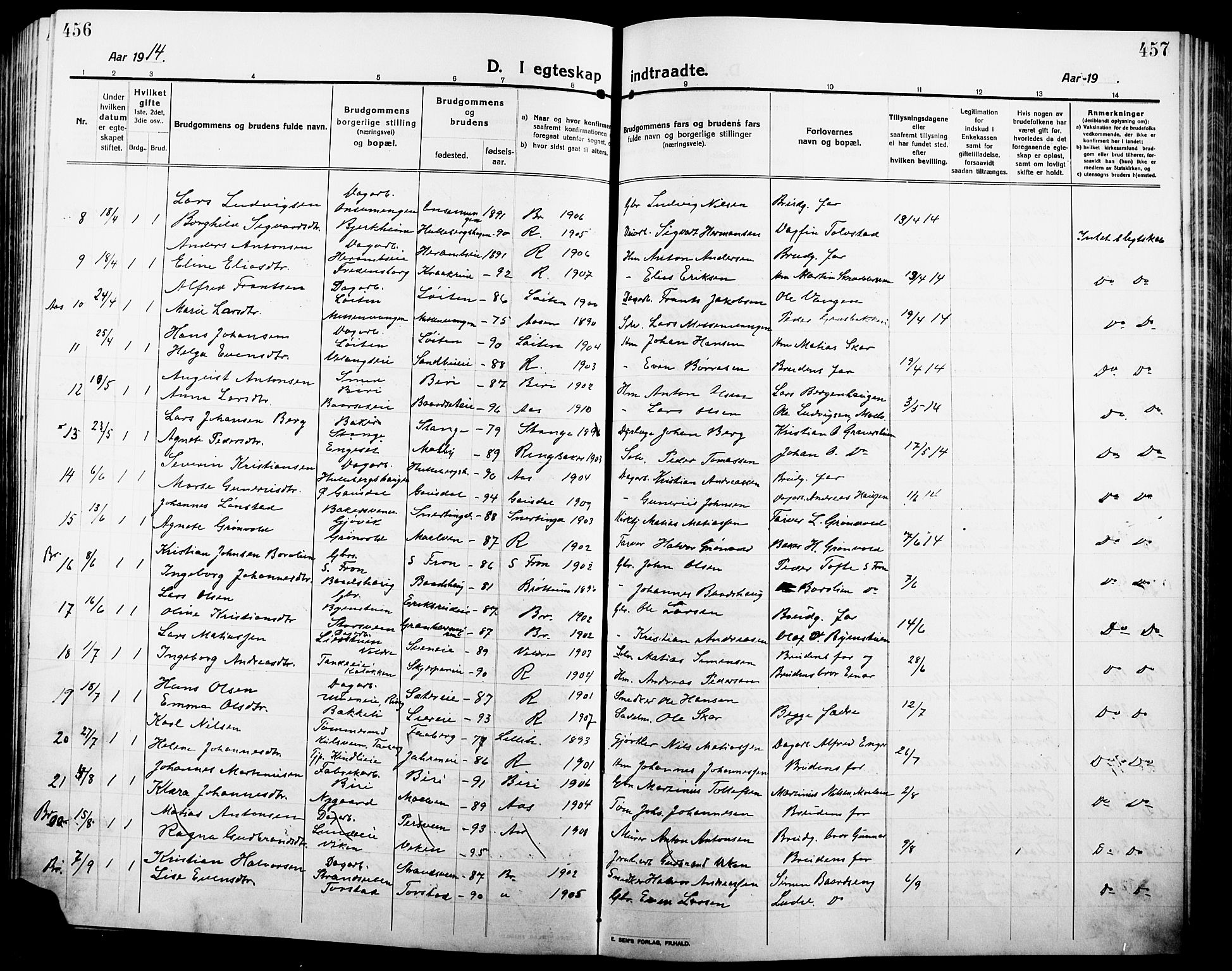 Ringsaker prestekontor, AV/SAH-PREST-014/L/La/L0018: Parish register (copy) no. 18, 1913-1922, p. 456-457