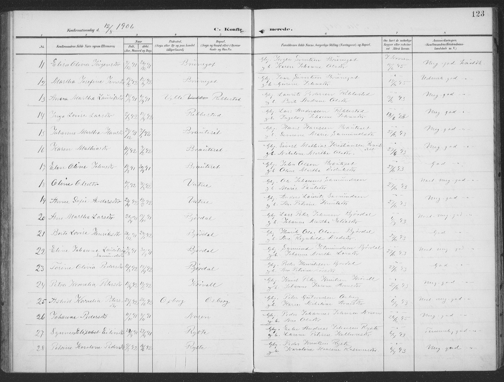 Ministerialprotokoller, klokkerbøker og fødselsregistre - Møre og Romsdal, SAT/A-1454/513/L0178: Parish register (official) no. 513A05, 1906-1919, p. 123